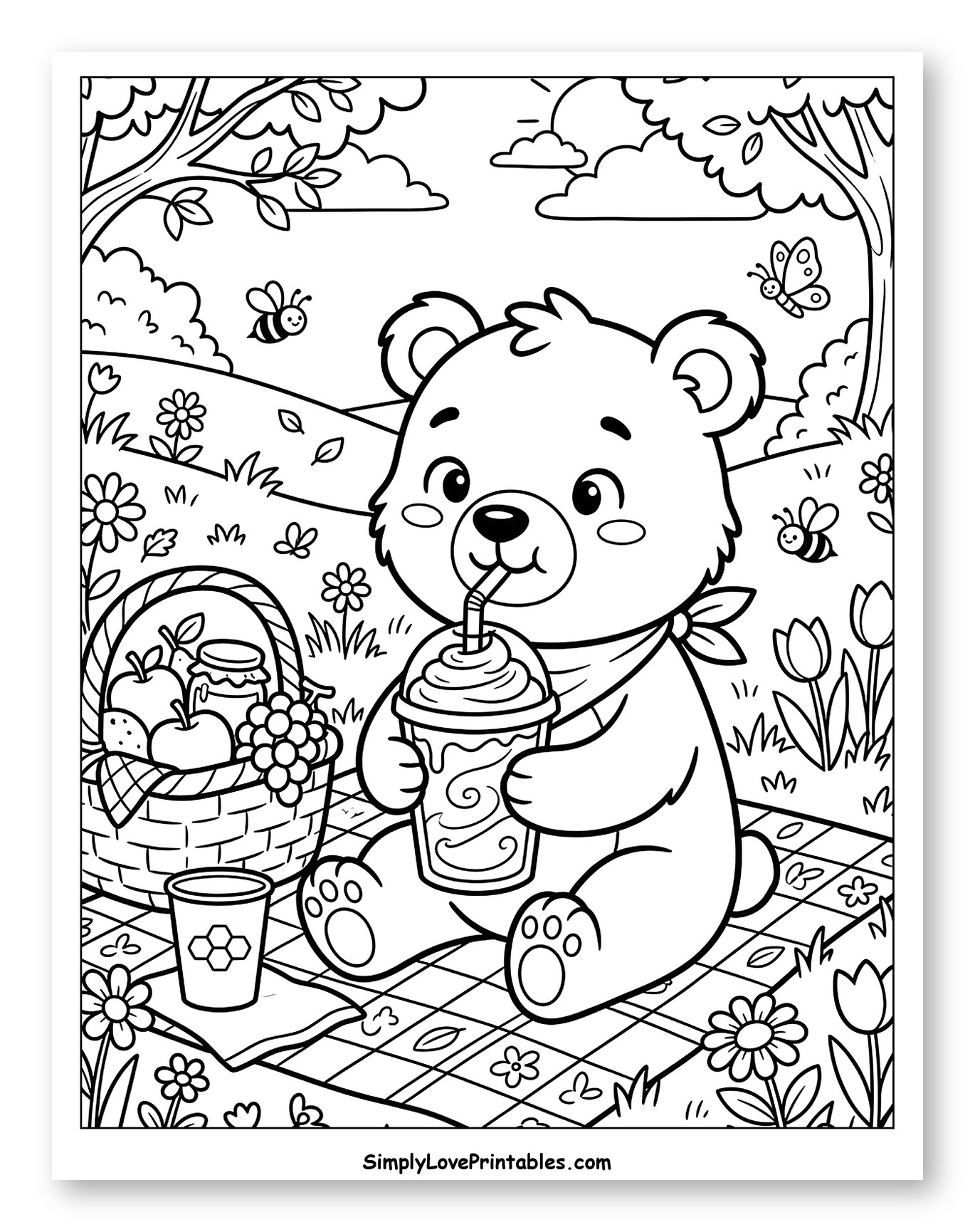 Cute Bear Enjoying Smoothie at Picnic to Color for Kids