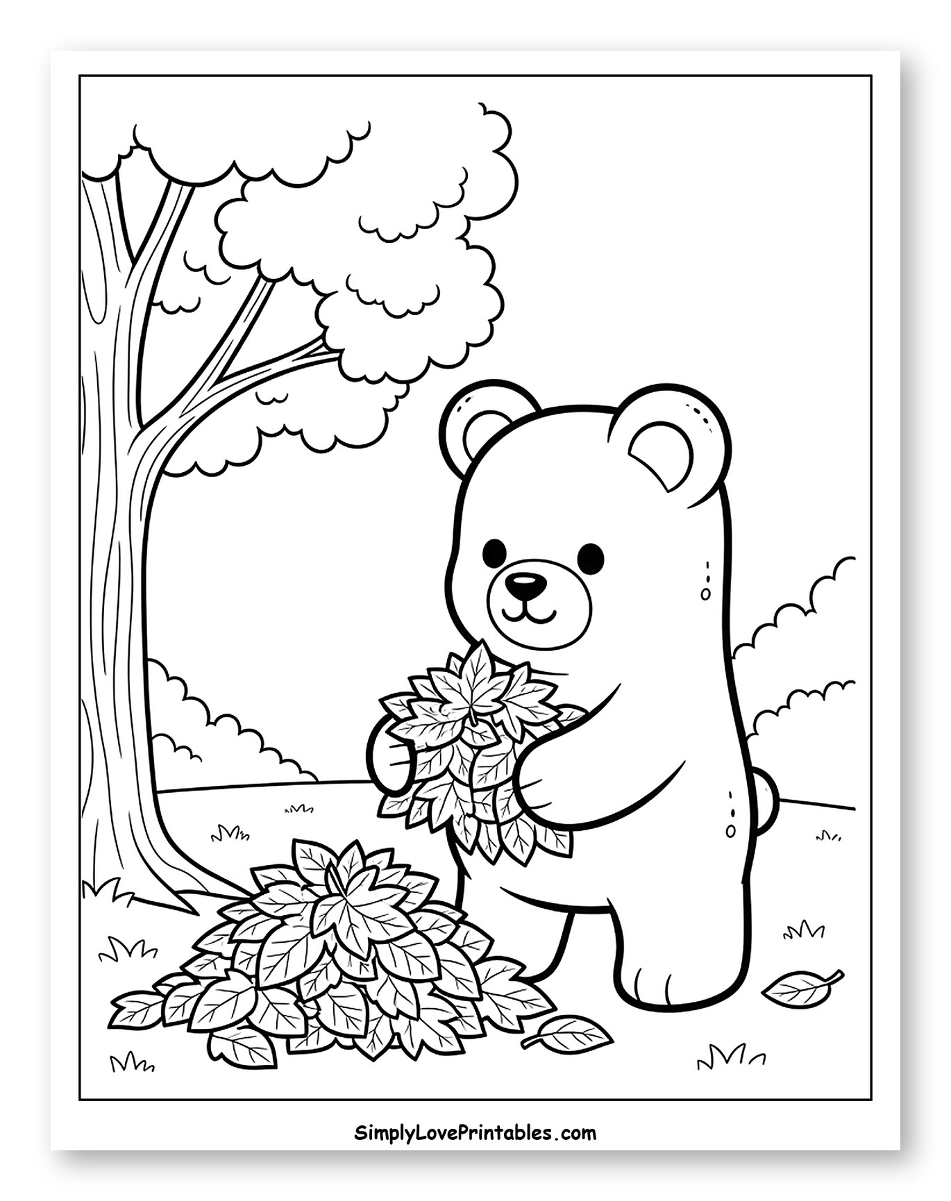 Cute Bear Gathering Autumn Leaves to Color for Kids