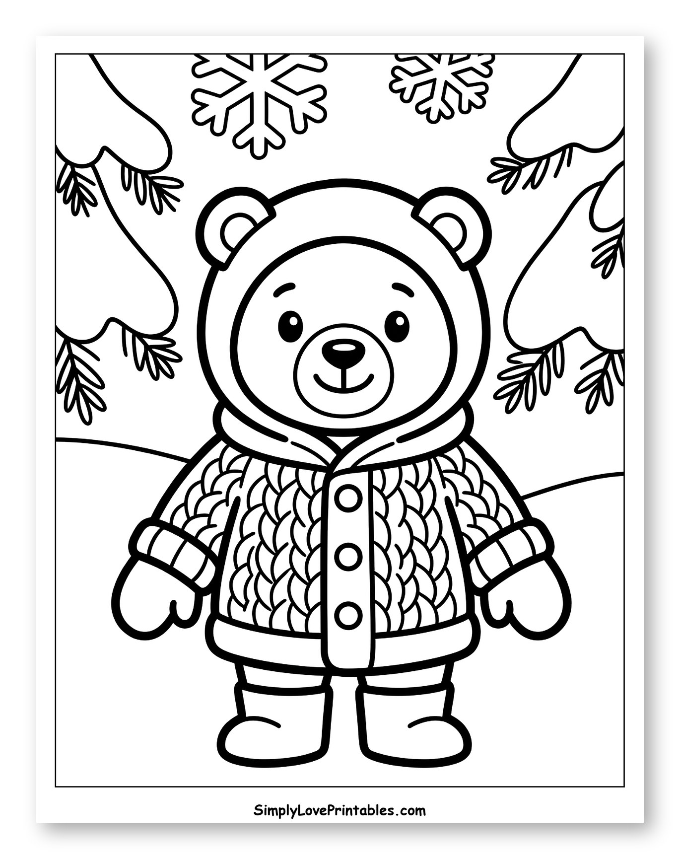 Cute Bear in Winter Coat with Snowflakes Coloring Sheet for Toddlers
