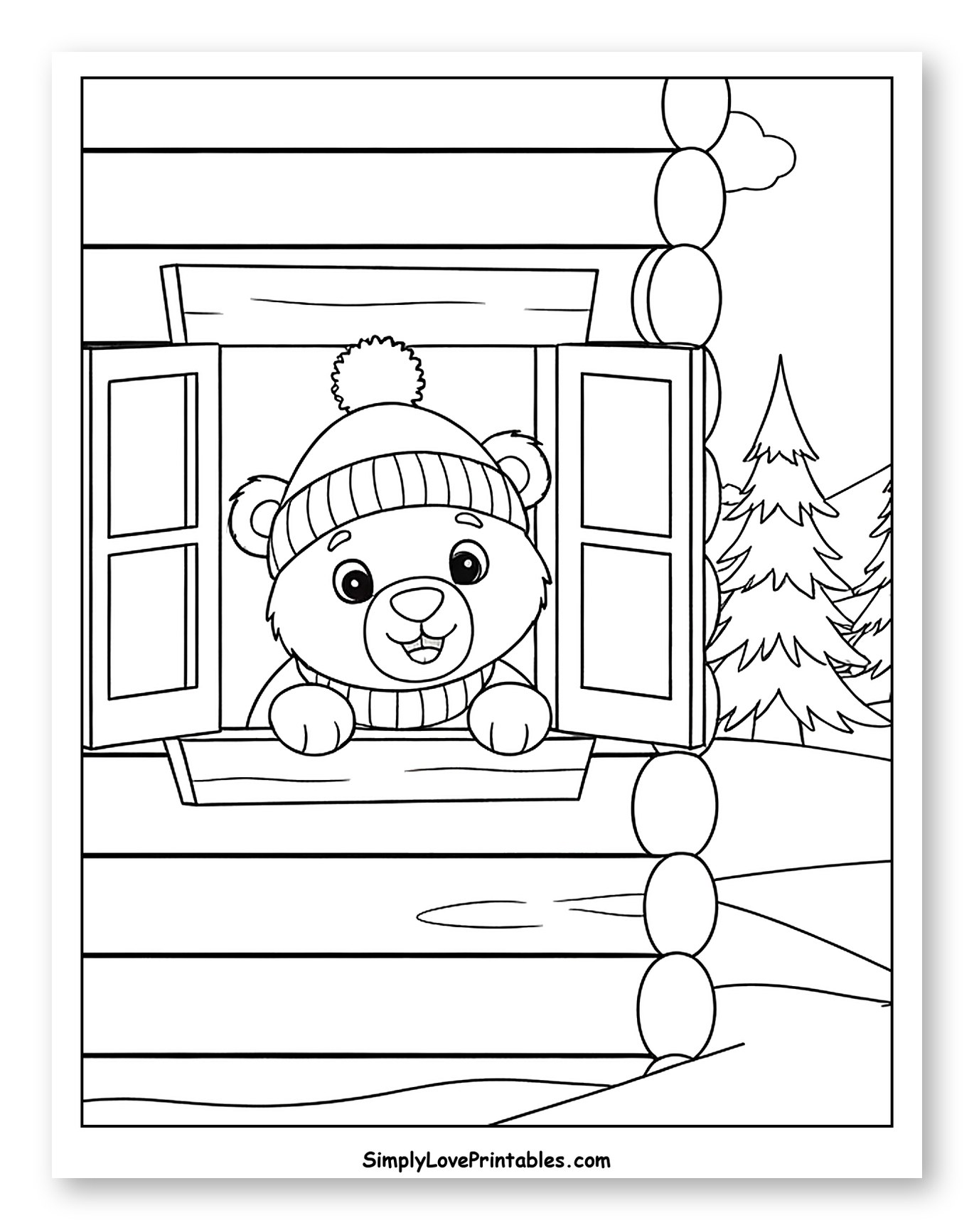 Cute Bear Peeking From Log Cabin Window