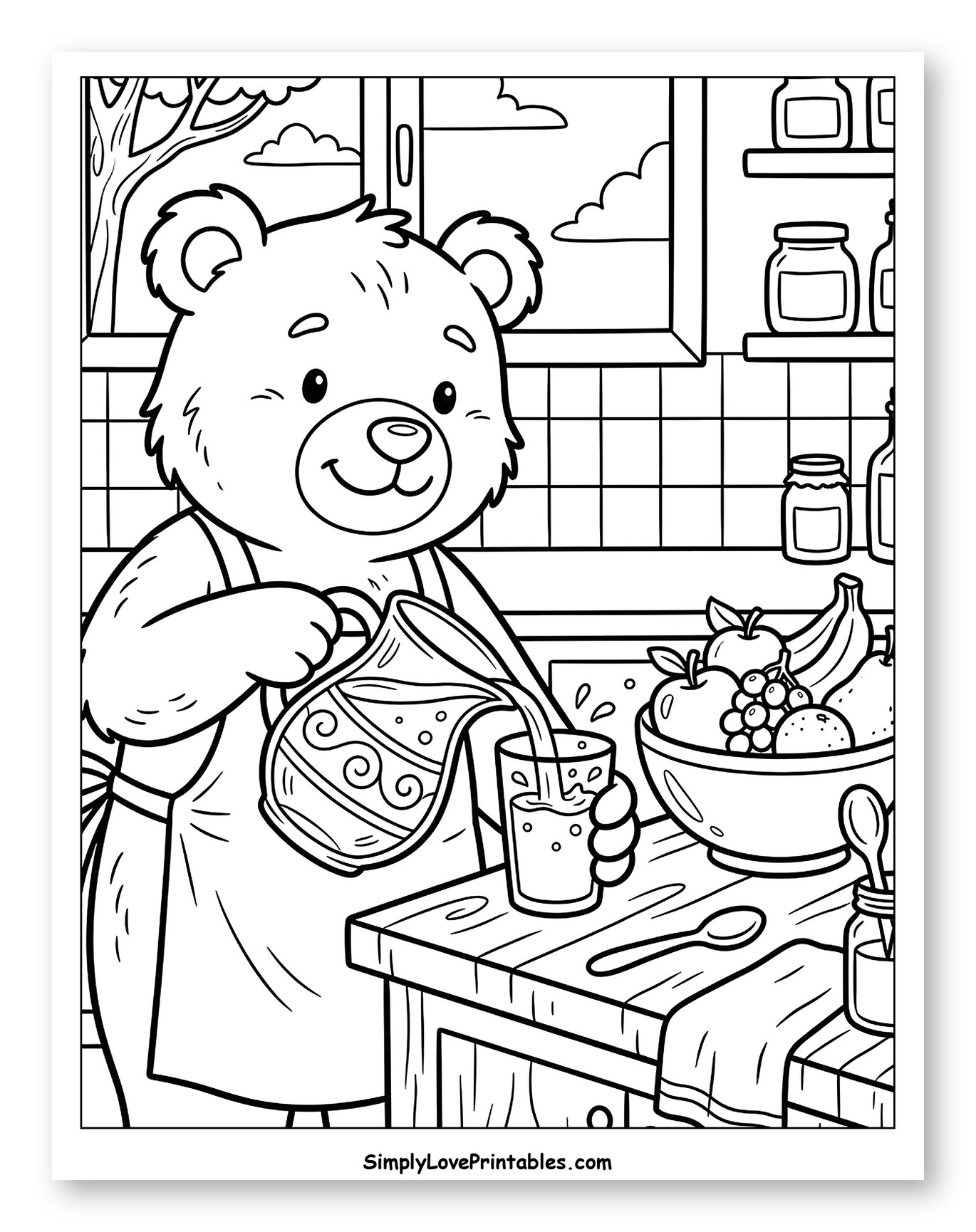 Cute Bear Pouring Juice with Fresh Fruit