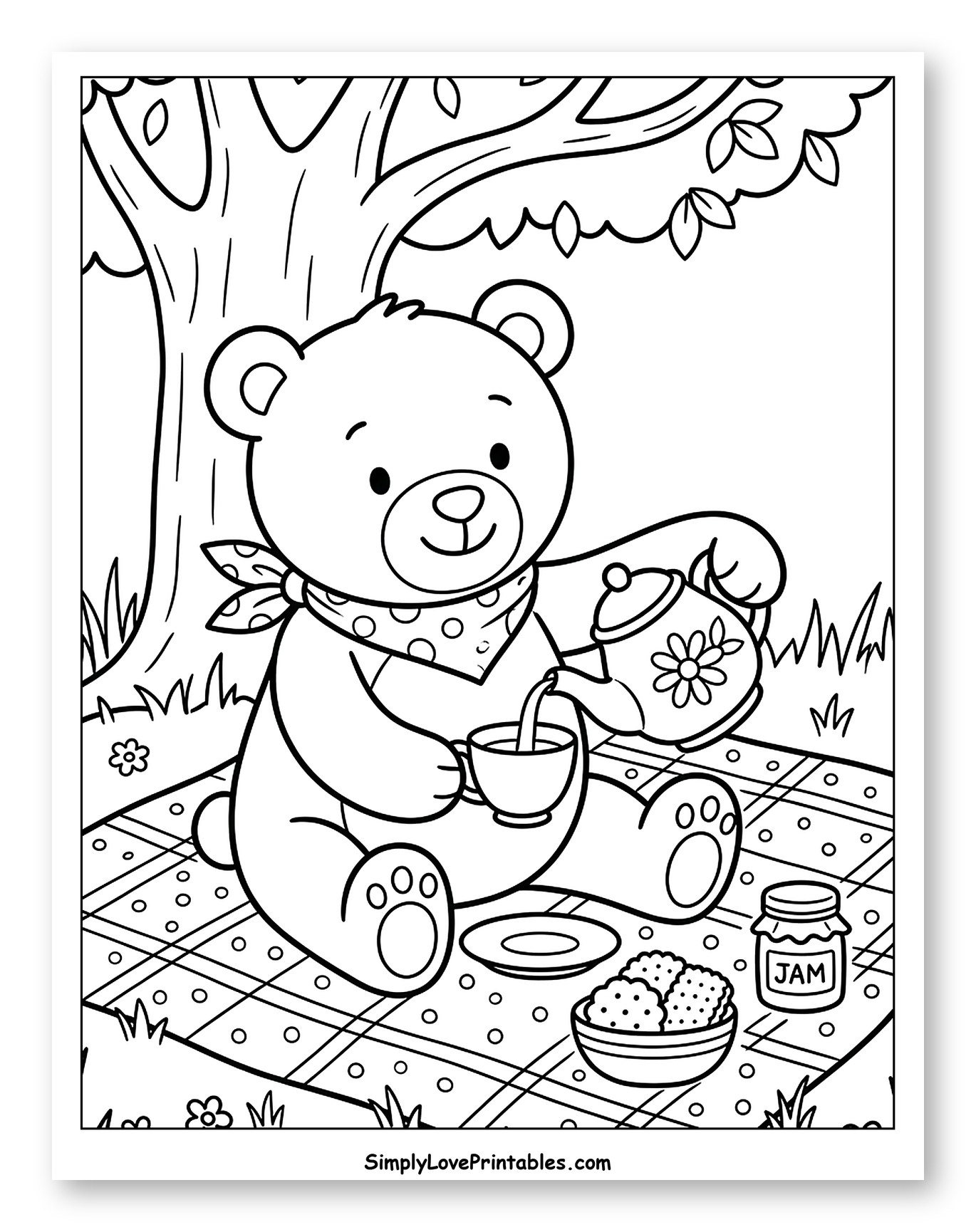 Cute Bear Pouring Tea at Picnic to Color for Kids