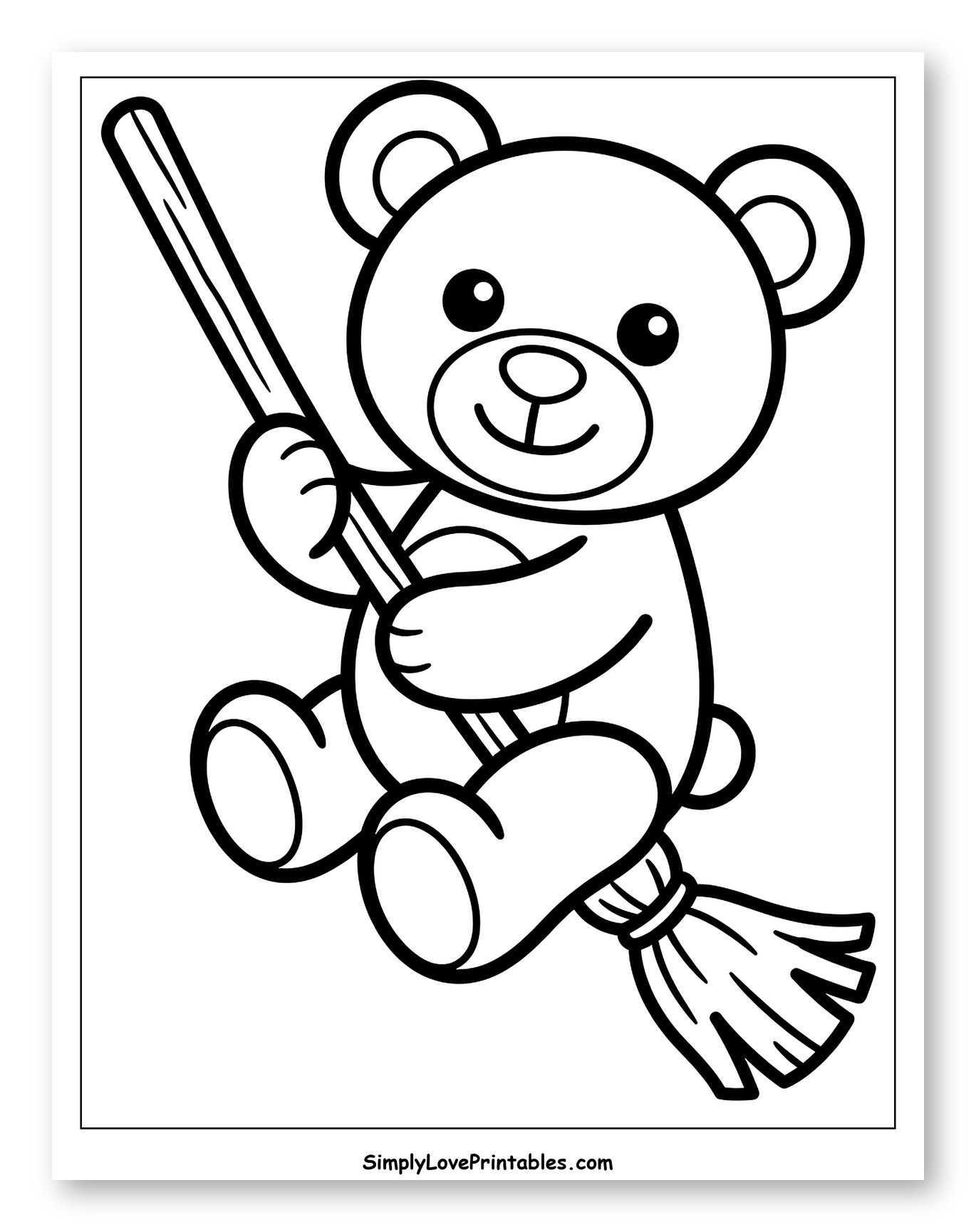 Cute Bear Riding a Halloween Broom to Color for Toddlers