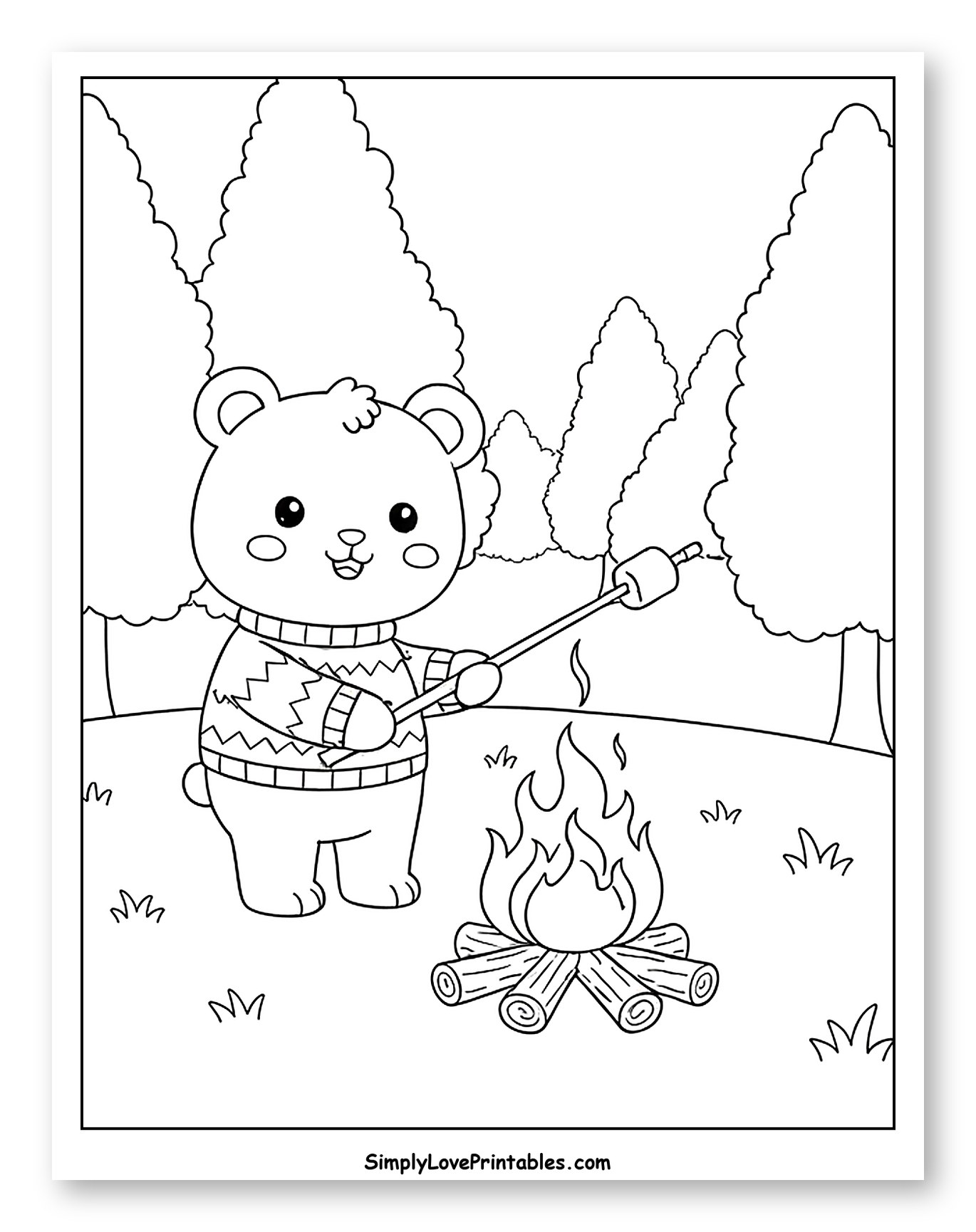 Cute Bear Roasting Marshmallow by Campfire