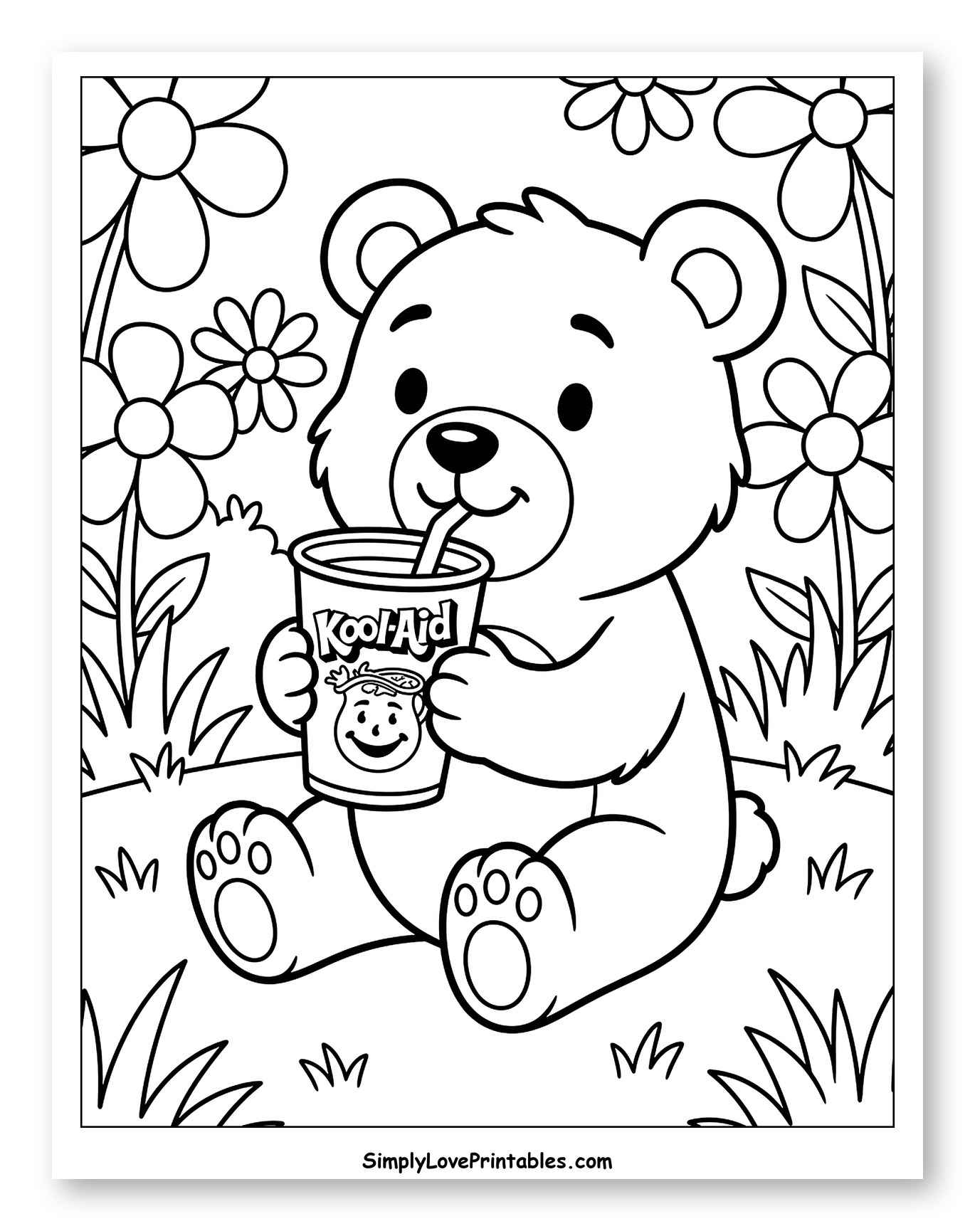 Cute Bear Sipping Kool-Aid in a Flowery Field Coloring Sheet for Kids