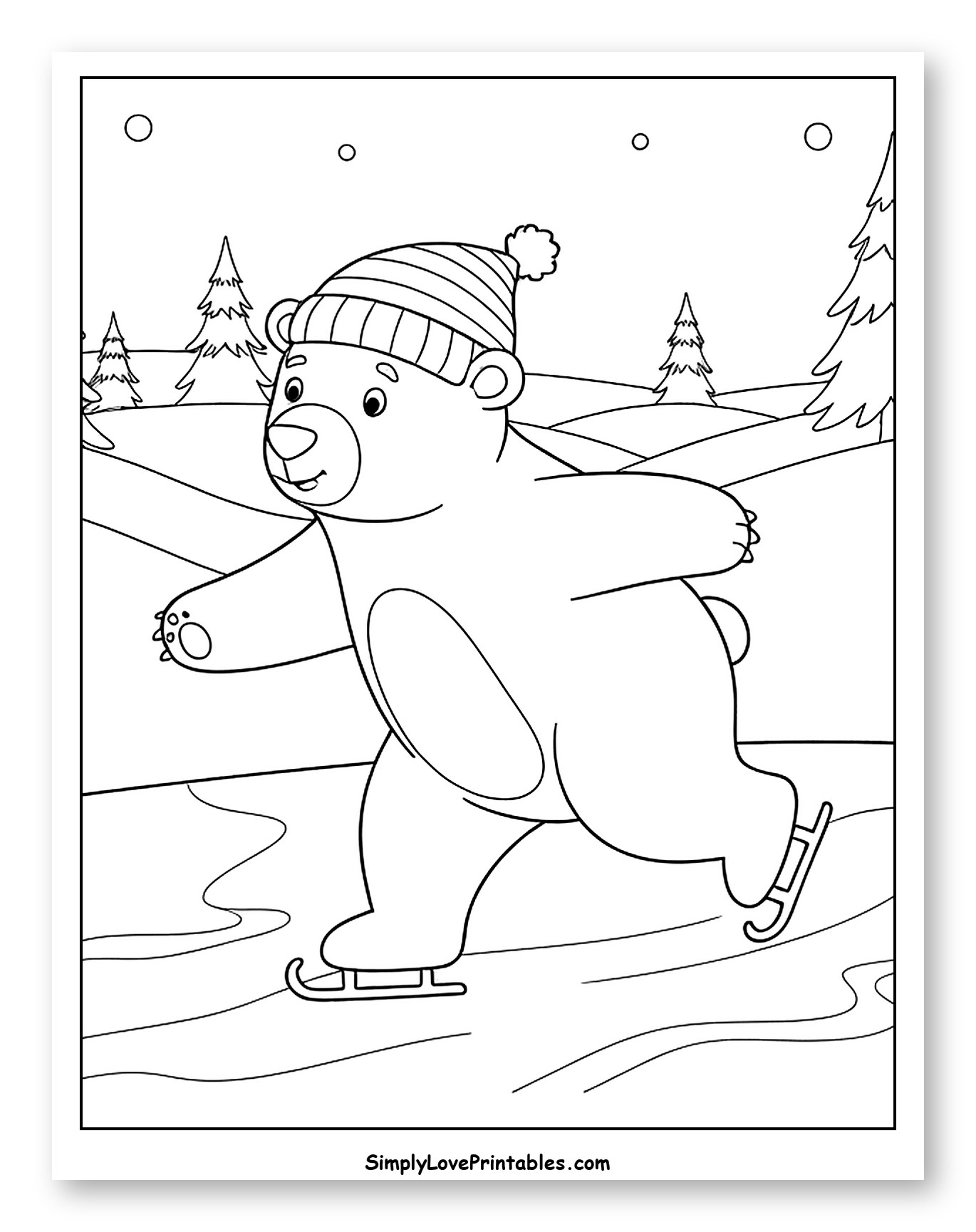 Cute Bear Wearing Winter Hat Ice Skating
