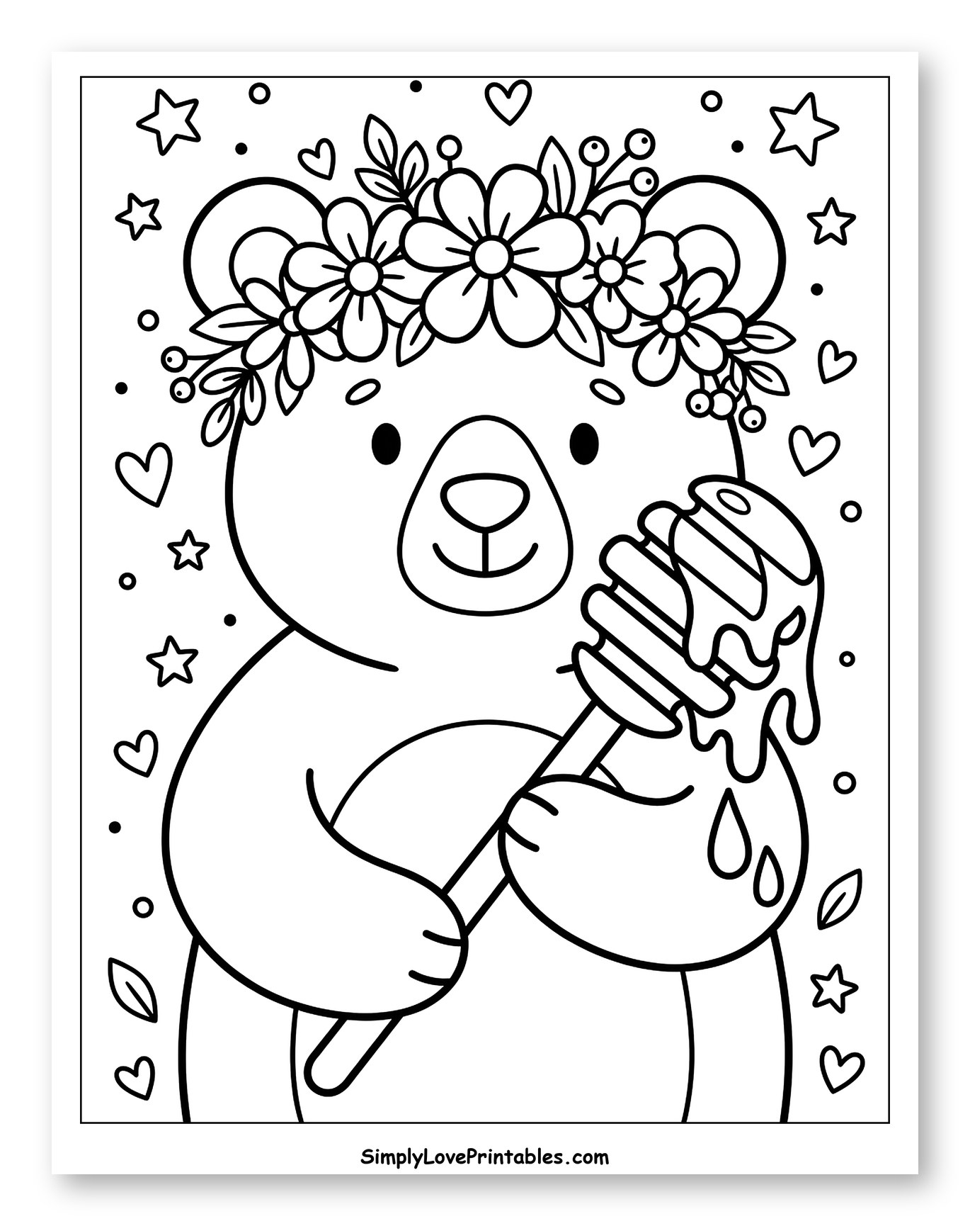 Cute Bear with Flower Crown and Honey Dipper Coloring Sheet for Adults