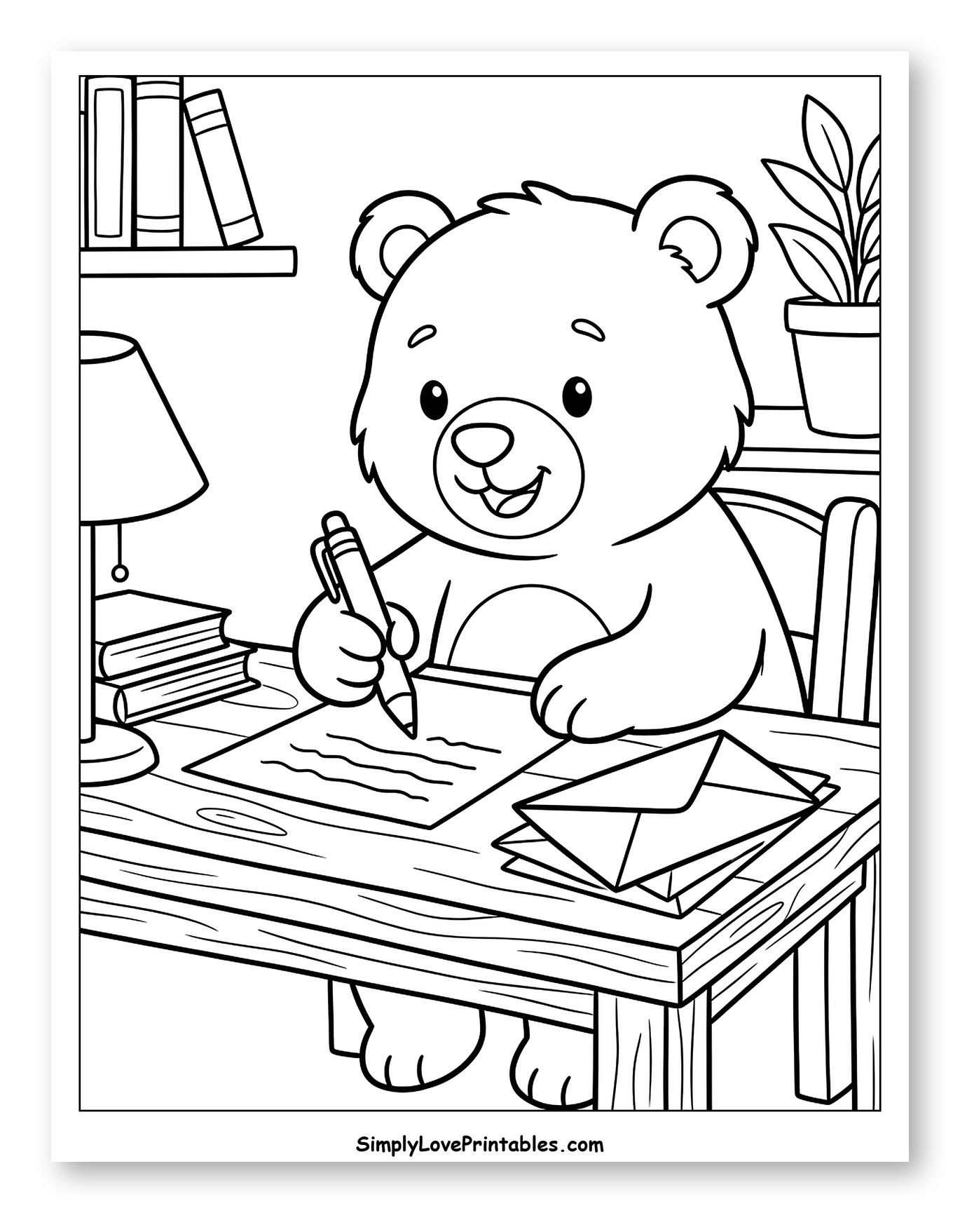 Cute Bear Writing Letters at a Desk to Color for Kids