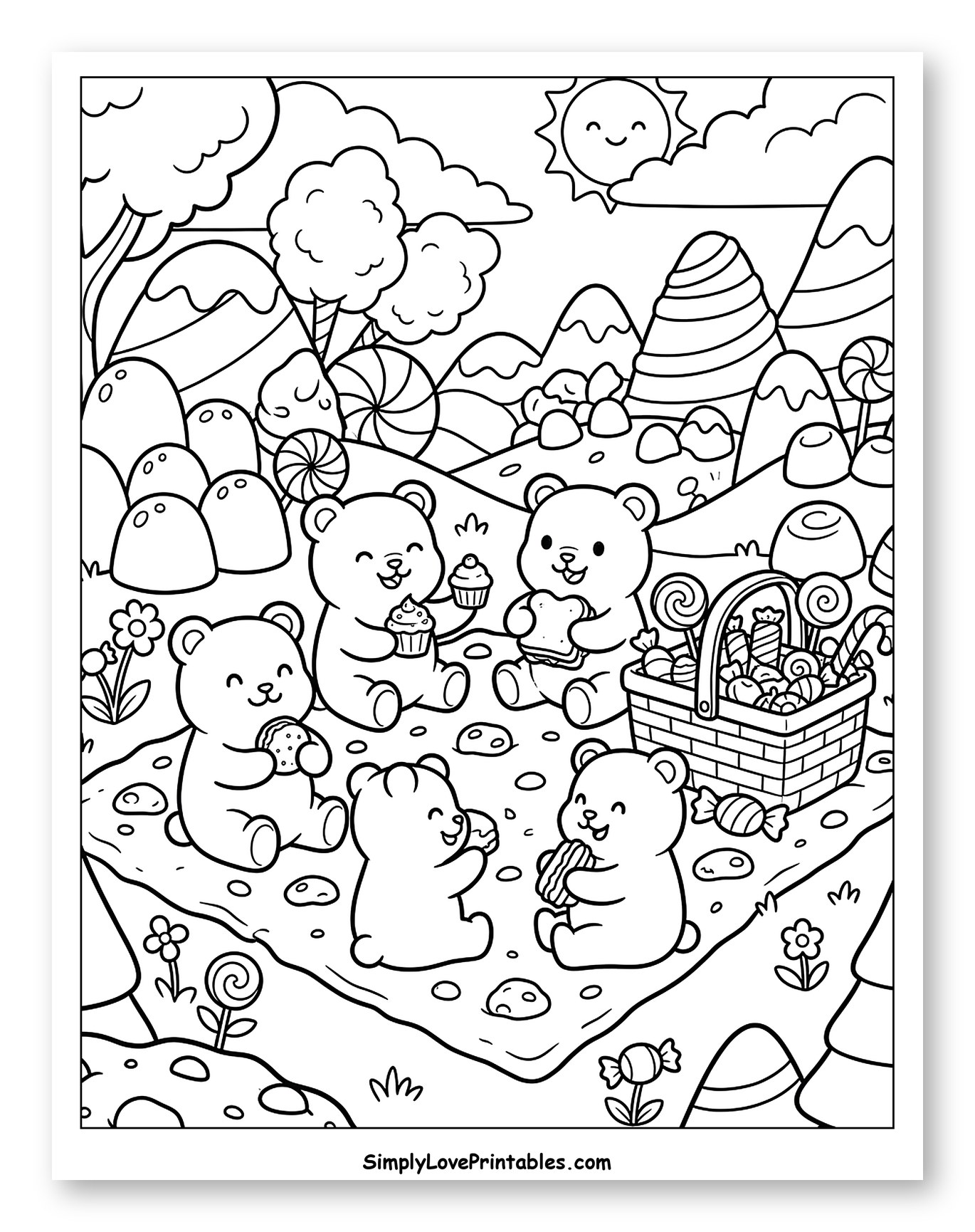Cute Bears Enjoying a Candy Land Picnic to Color for Kids