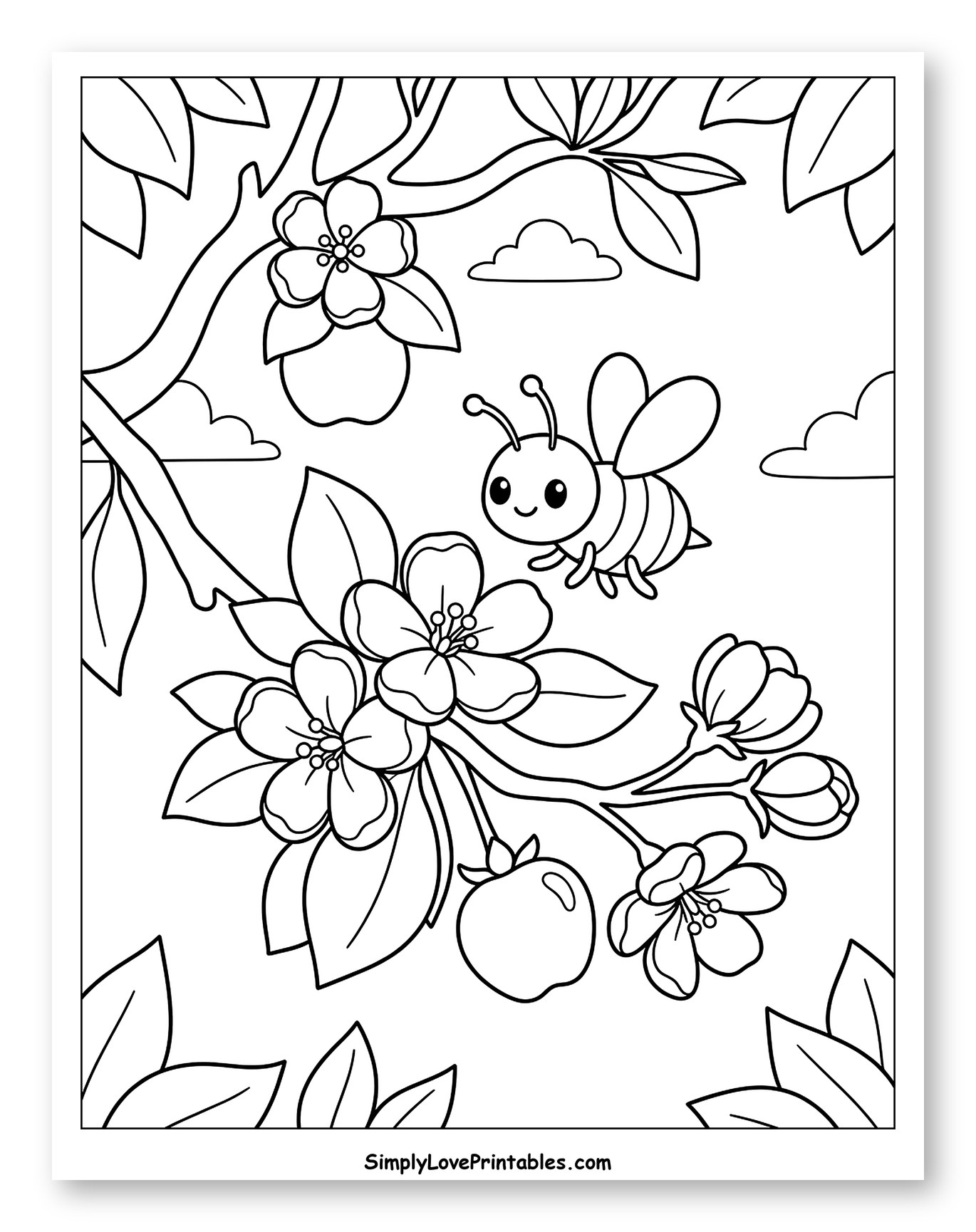 Cute Bee Flying Near Apple Blossoms to Color for Kids