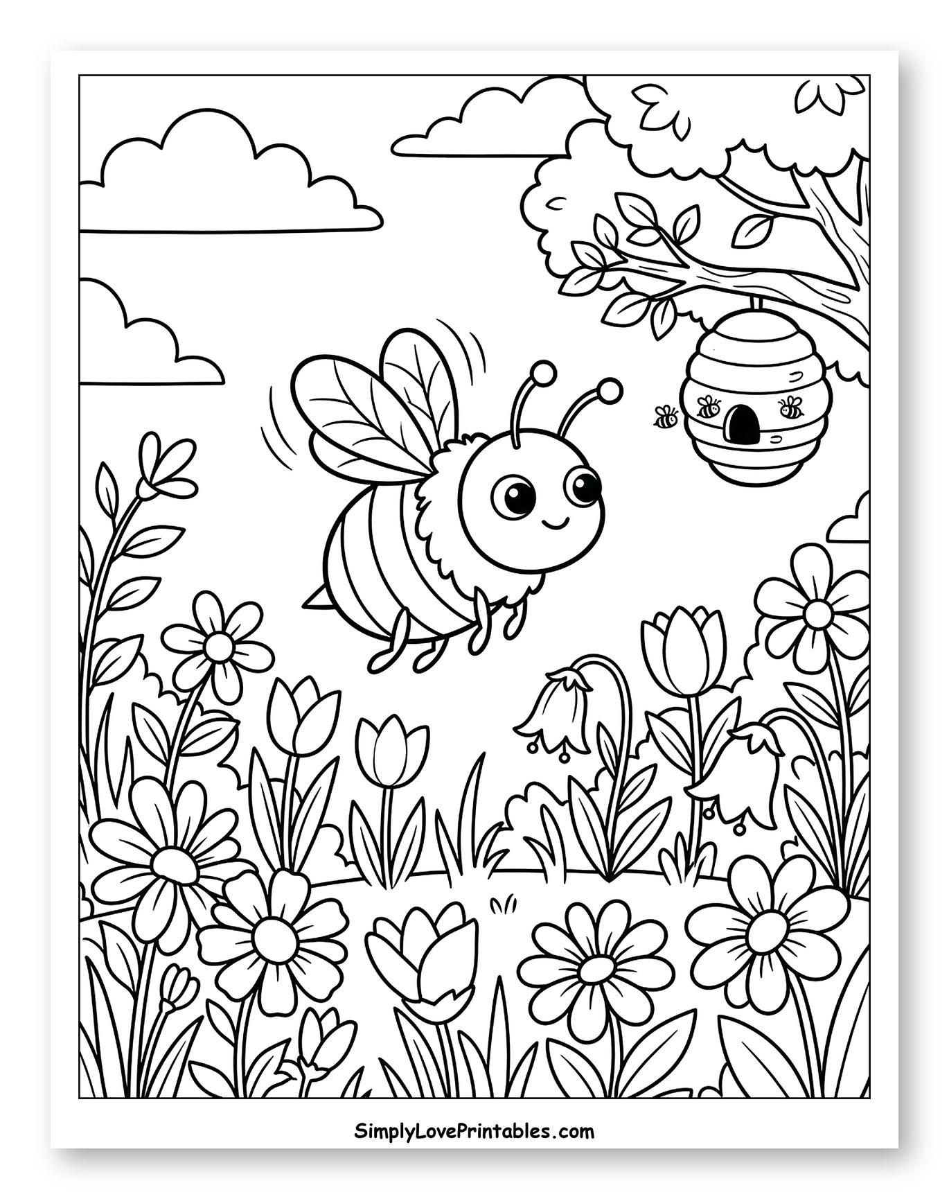 Cute Bee Flying Over a Flower Field Coloring Sheet for Kids