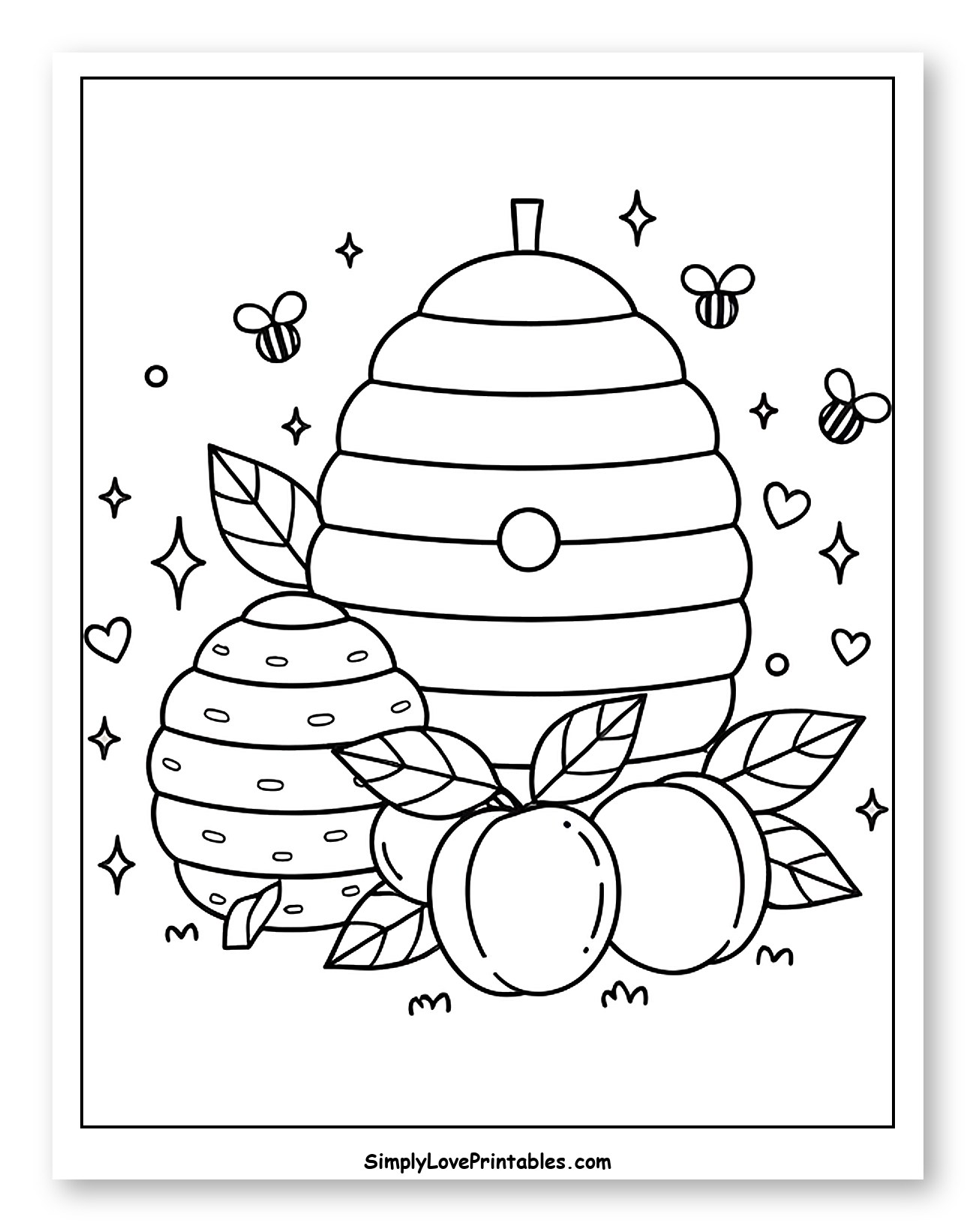 Cute Beehives, Apricots, and Flying Bees Coloring Page for Adults