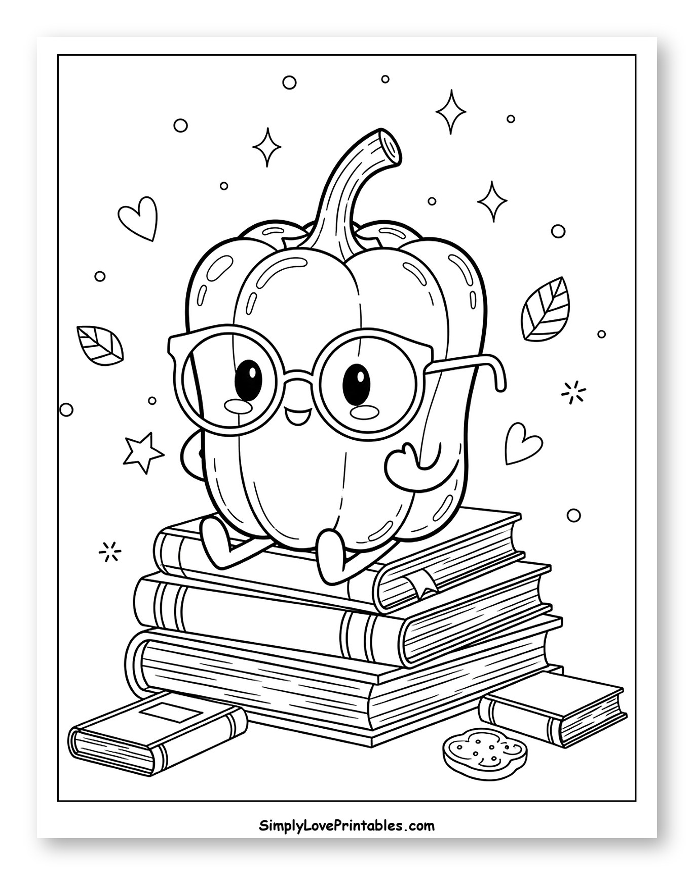 Cute Bell Pepper Sitting on Stack of Books Coloring Sheet for Adults