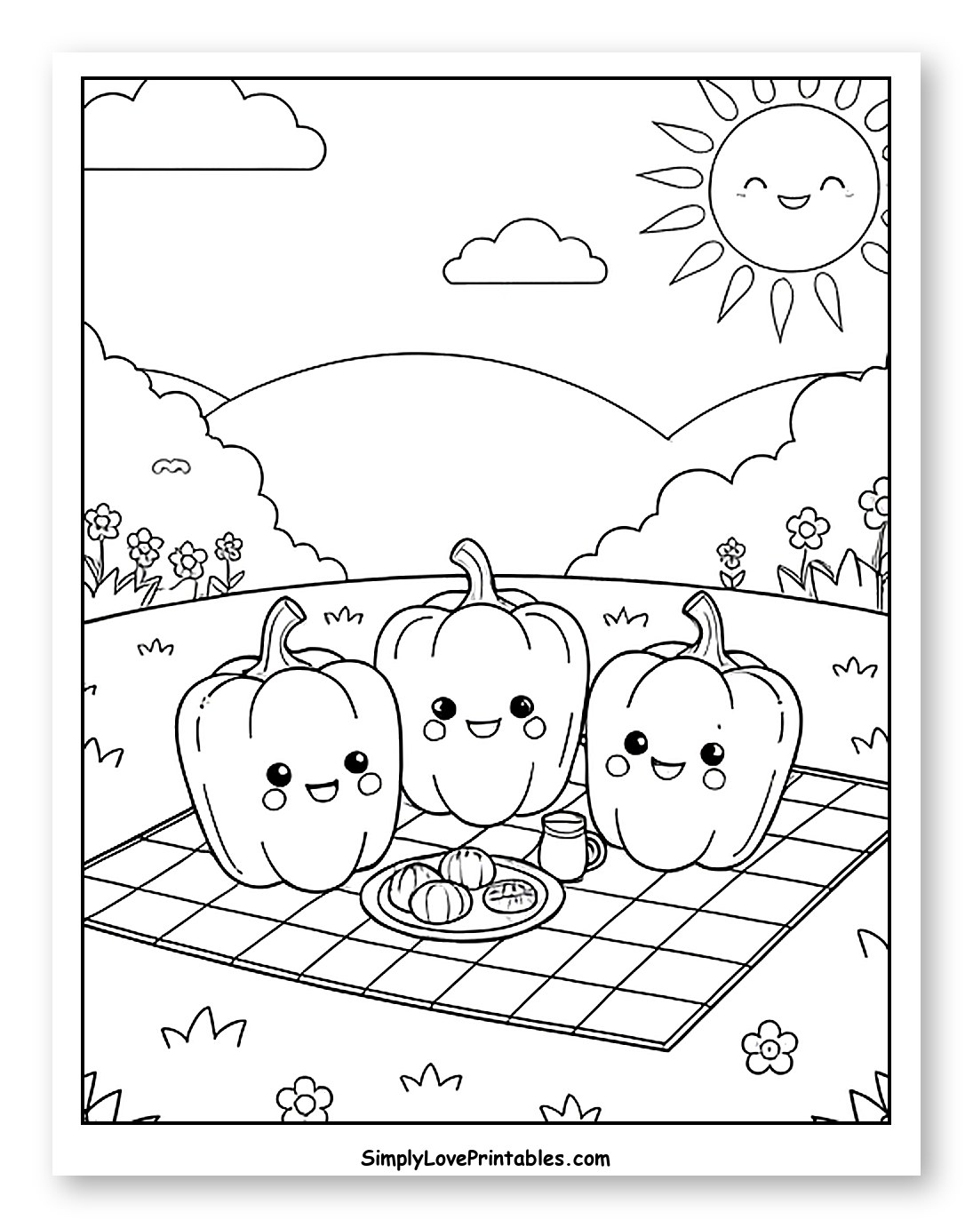 Cute Bell Peppers Having a Picnic Coloring Page for Kids