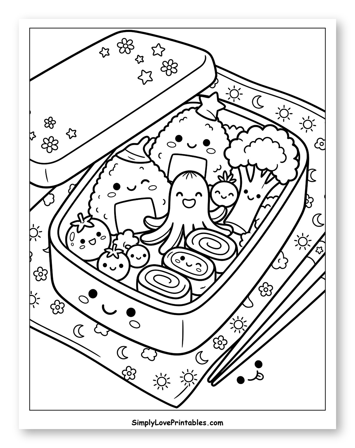 Cute Bento Box with Smiling Food to Color for Kids