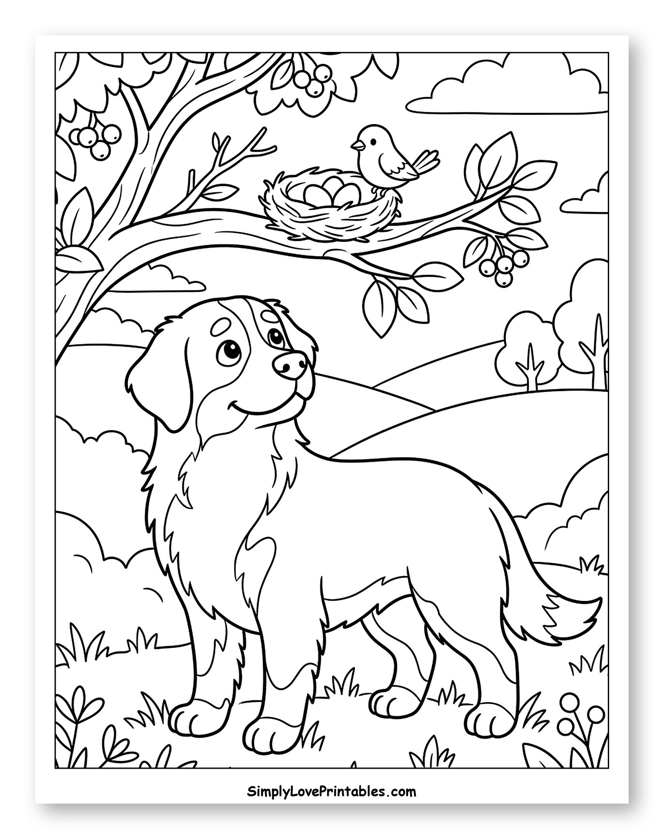 Cute Bernese Mountain Dog Under a Tree Coloring Page for Kids