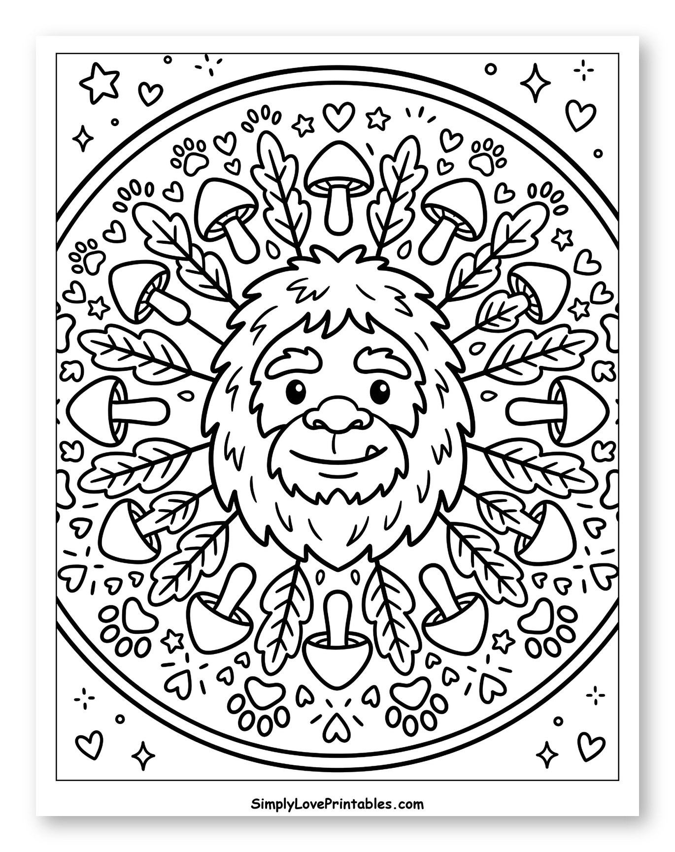 Cute Bigfoot Head with Mushrooms and Leaves