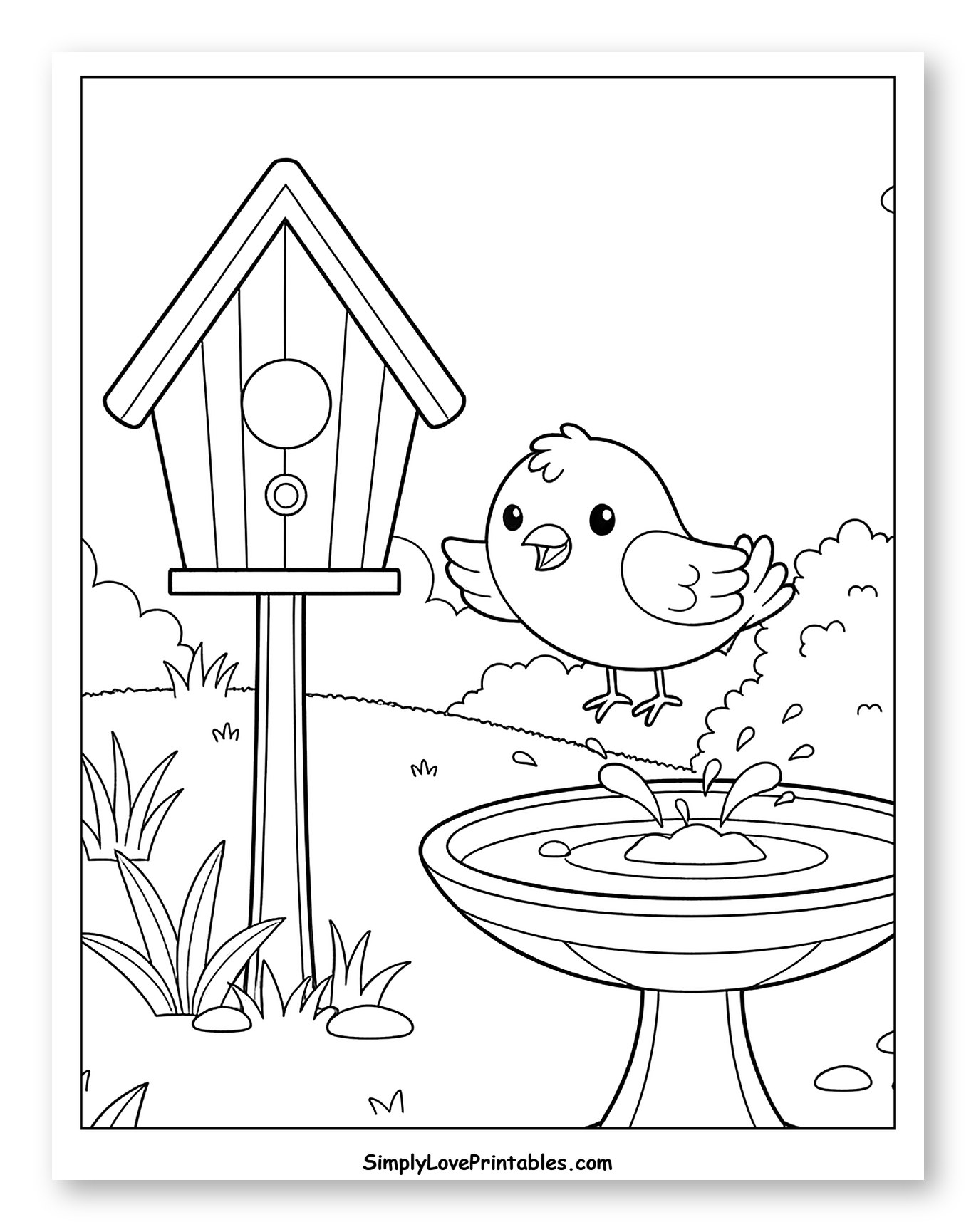 Cute Bird and Birdhouse with Birdbath to Color for Kids