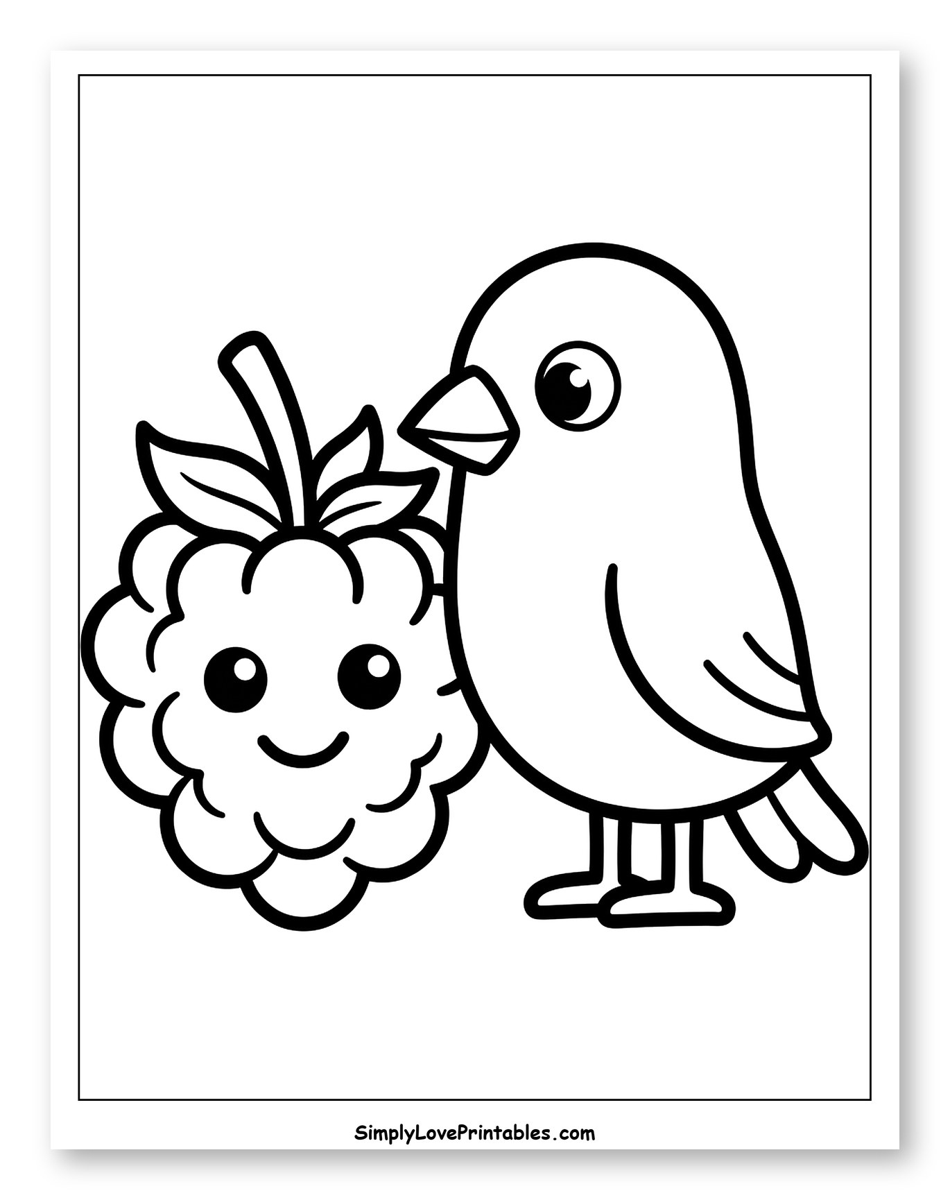 Cute Bird and Smiling Raspberry Coloring Page for Toddlers