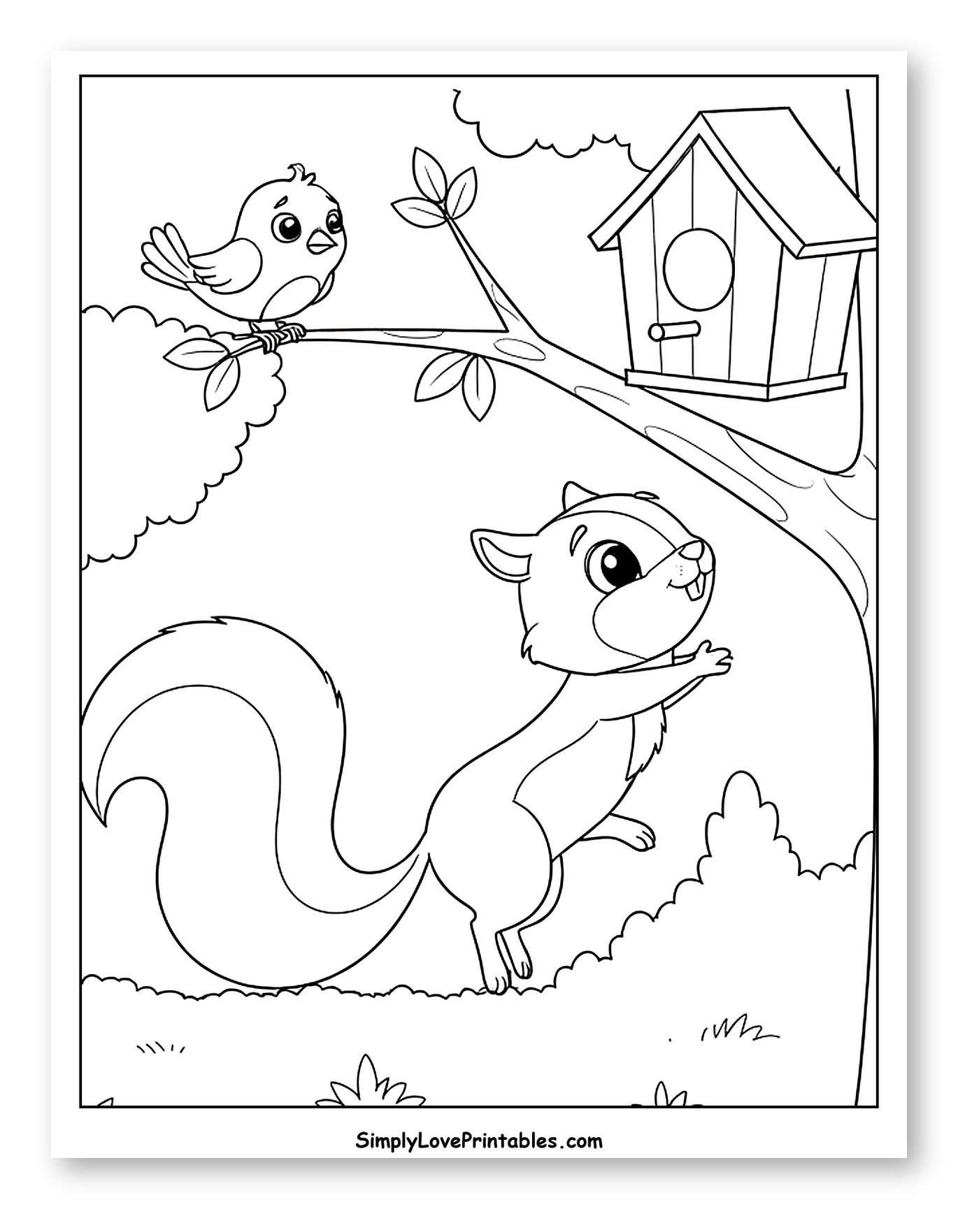 Cute Bird and Squirrel by Birdhouse Coloring Sheet for Kids