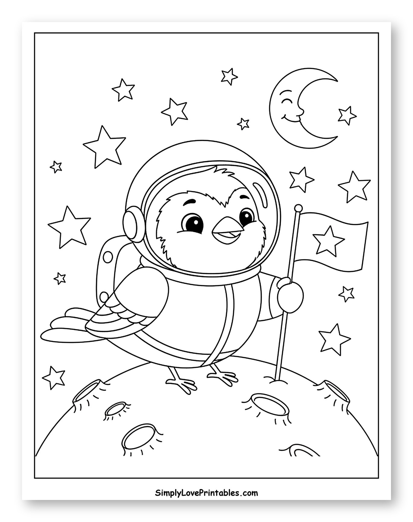 Cute Bird Astronaut Landing on the Moon Coloring Page for Kids