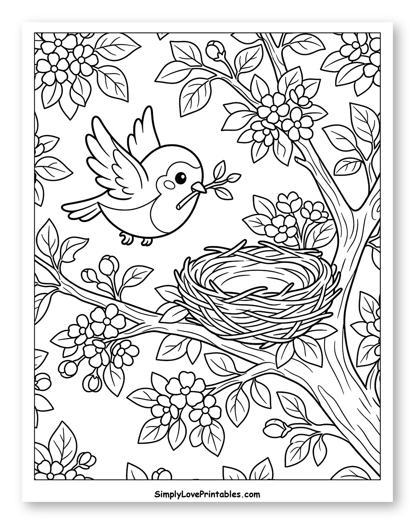 Cute Bird Building Nest in Flowering Tree Coloring Sheet for Kids
