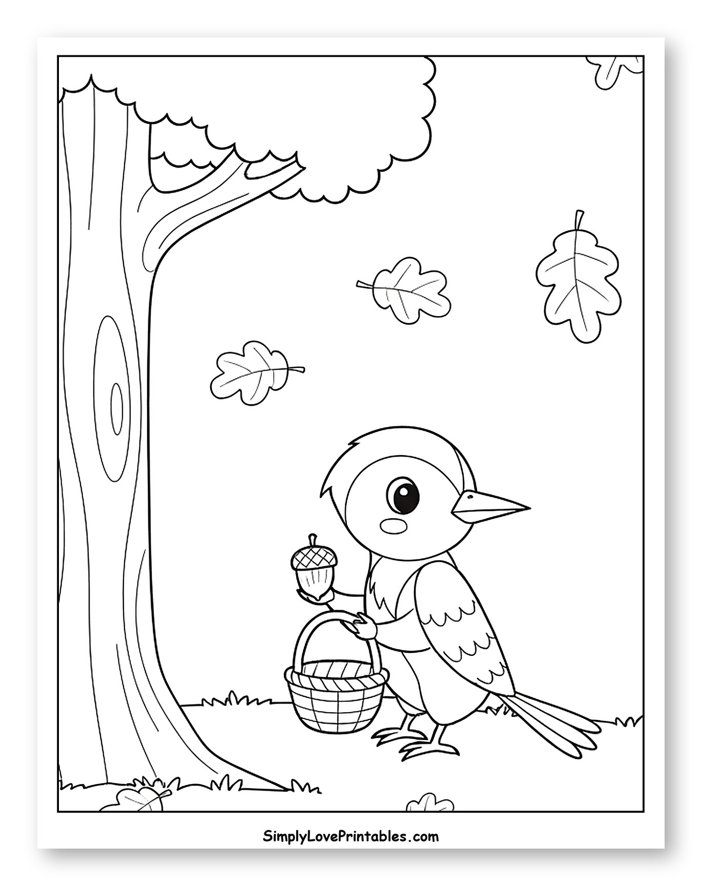 Cute Bird Collecting Acorns Under a Tree