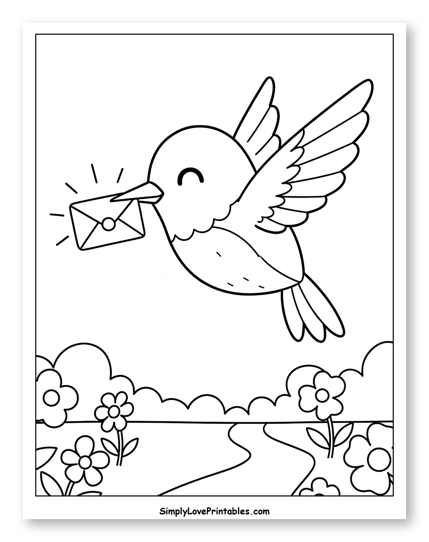 Cute Bird Delivering Mail in a Garden Coloring Sheet for Kids