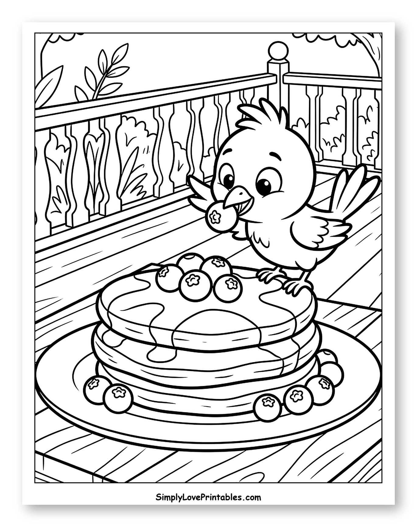 Cute Bird Eating Blueberry on Pancakes Coloring Page for Kids