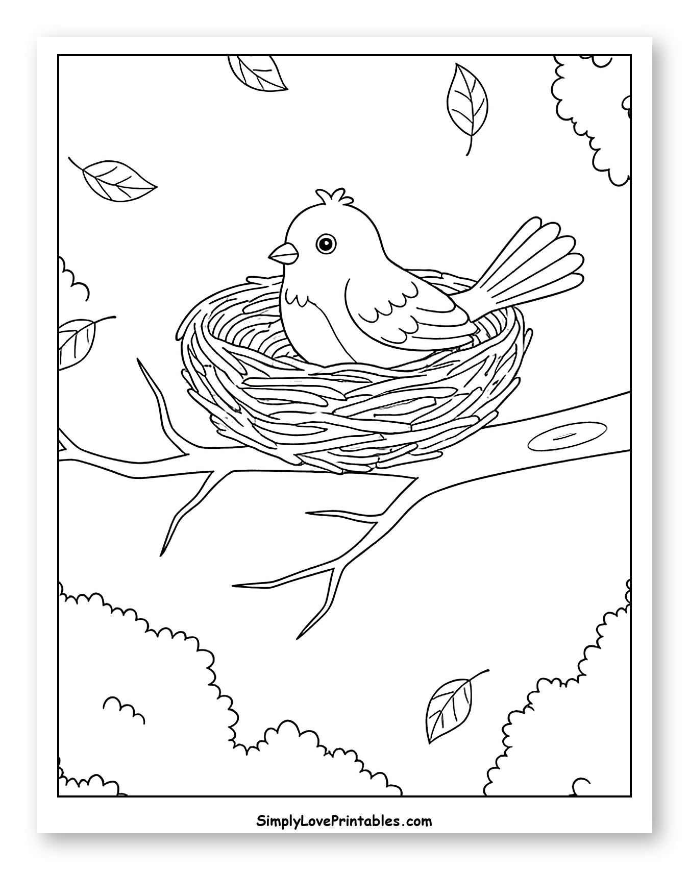 Cute Bird in Nest on Tree Branch to Color for Kids