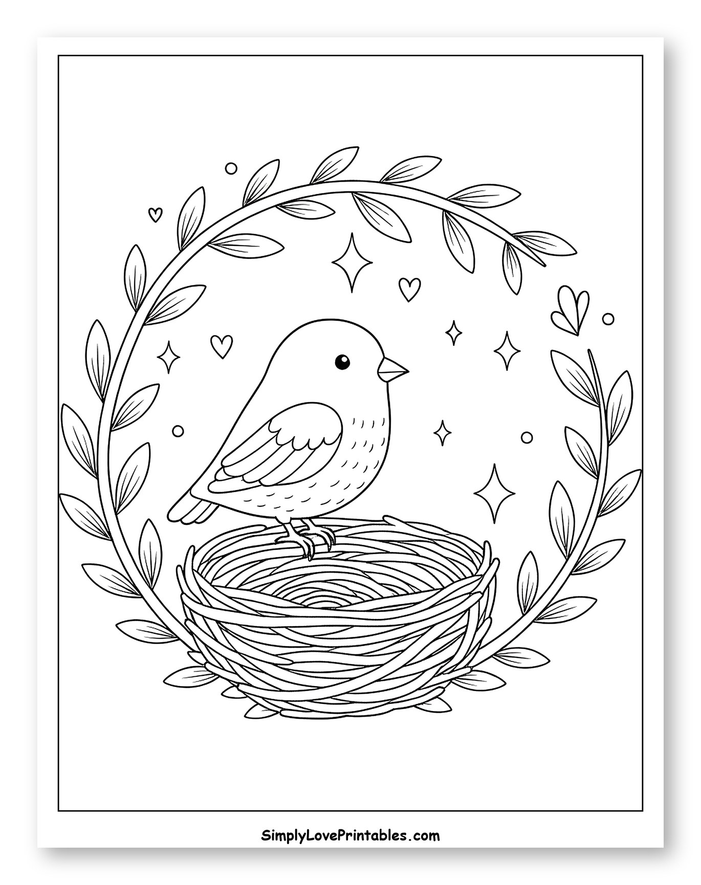 Cute Bird in Nest with Leafy Wreath Coloring Sheet for Adults