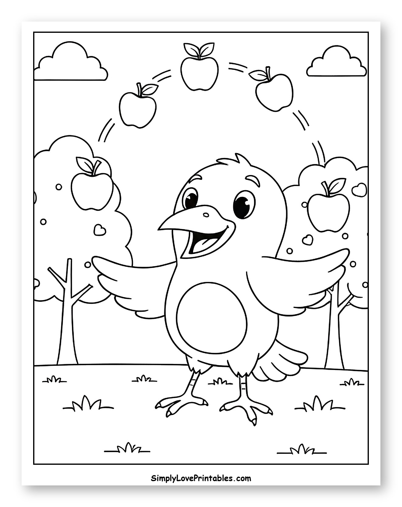 Cute Bird Juggling Apples in an Orchard Coloring Page for Kids