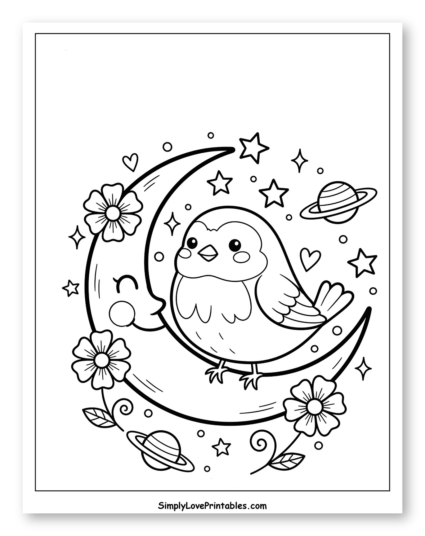 Cute Bird on Smiling Crescent Moon with Stars Coloring Page for Adults