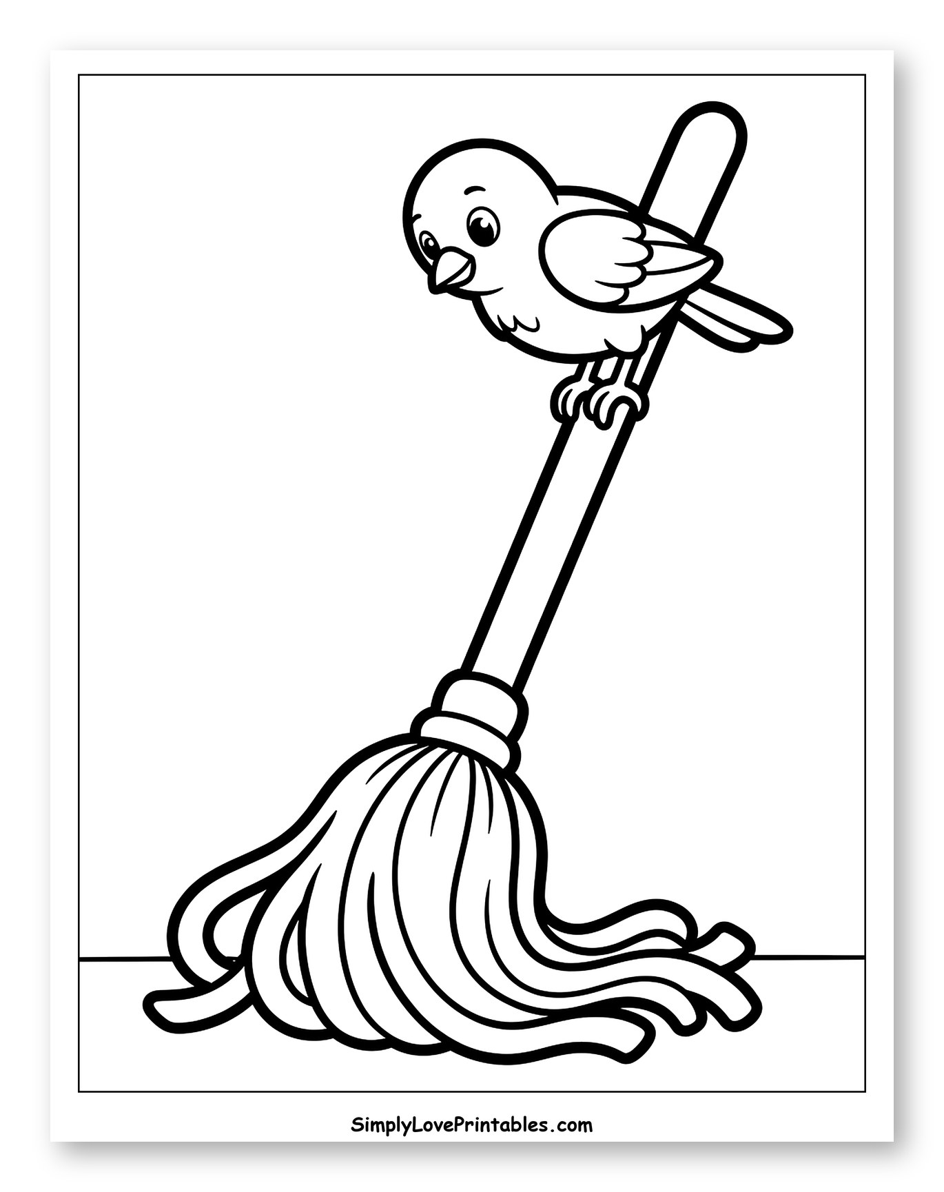 Cute Bird Perched on a Mop Handle Coloring Sheet for Toddlers
