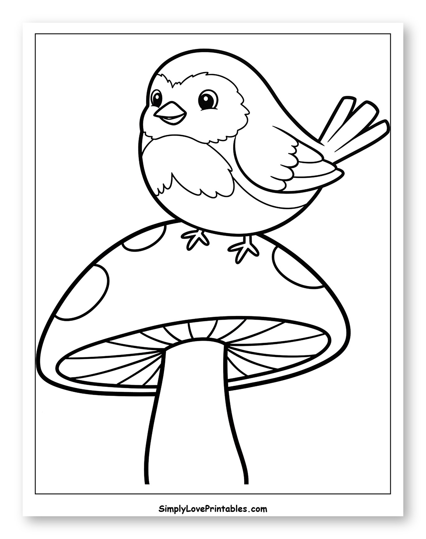 Cute Bird Perched on a Spotted Mushroom Coloring Sheet for Toddlers