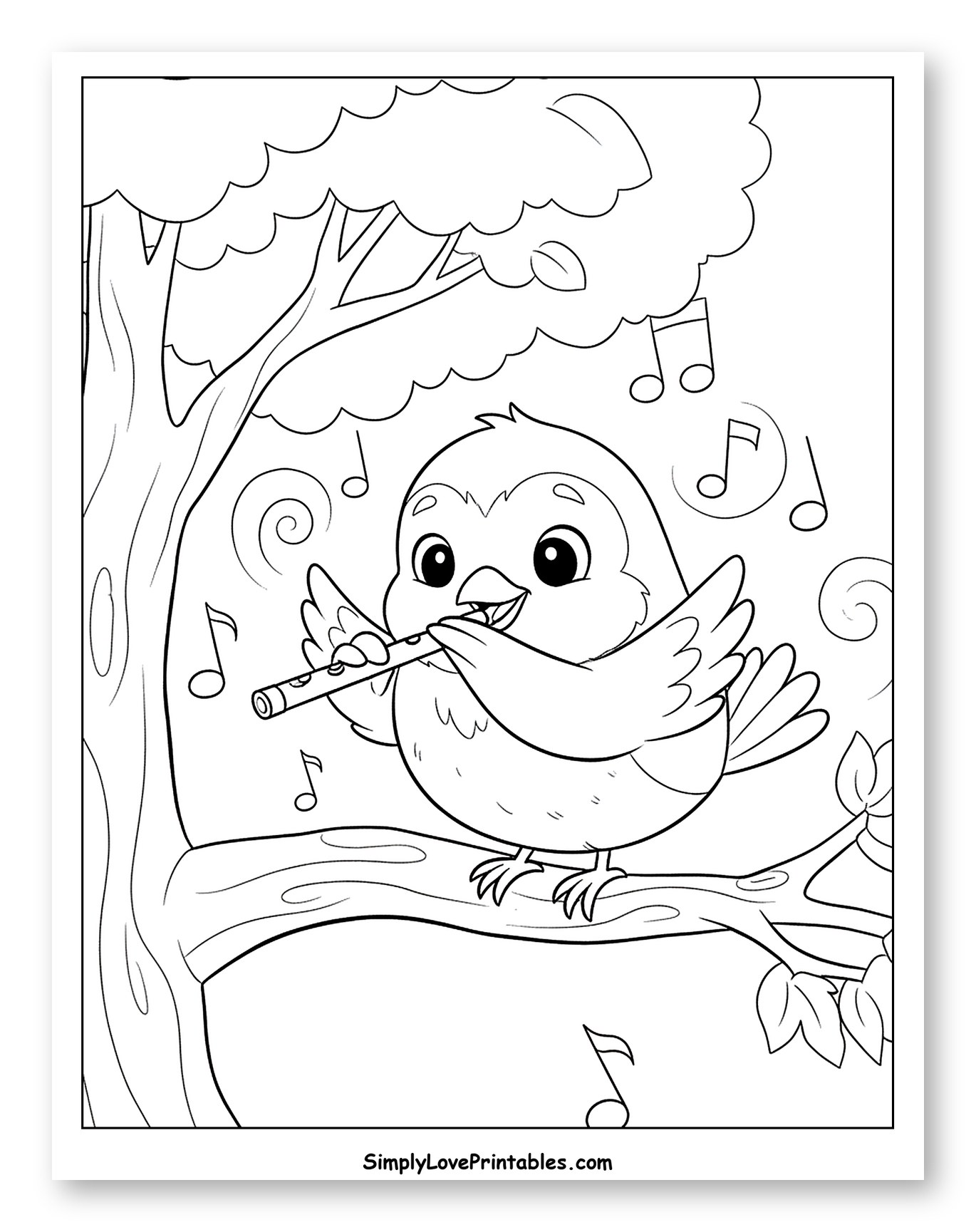 Cute Bird Playing Flute on Tree Branch
