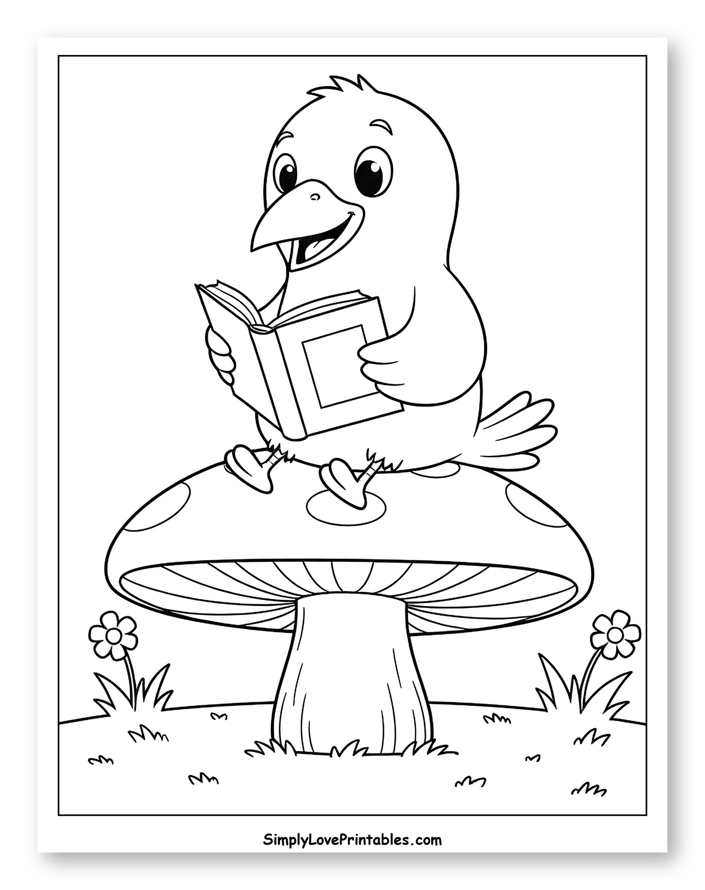 Cute Bird Reading Book on Mushroom to Color for Kids