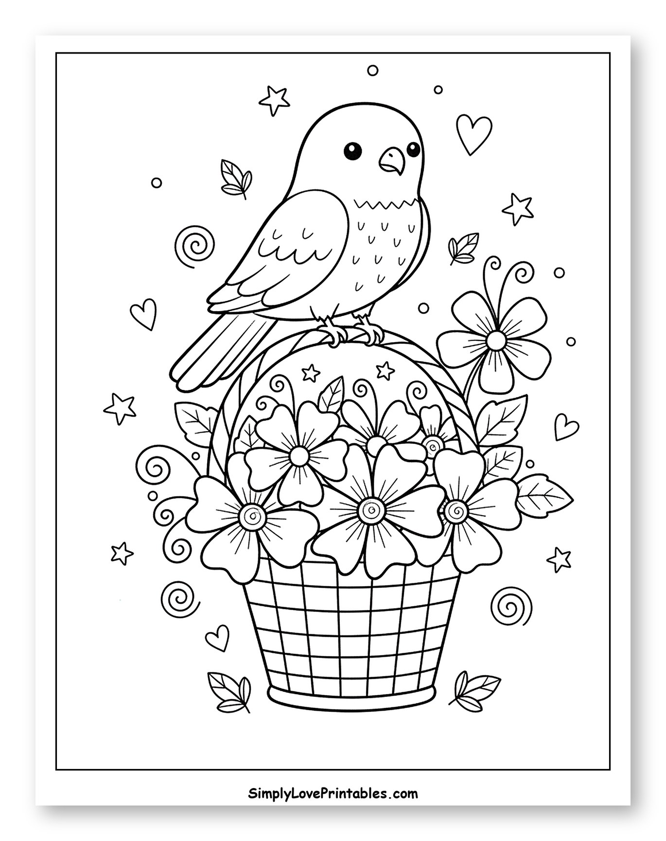 Cute Bird Sitting on a Basket of Flowers