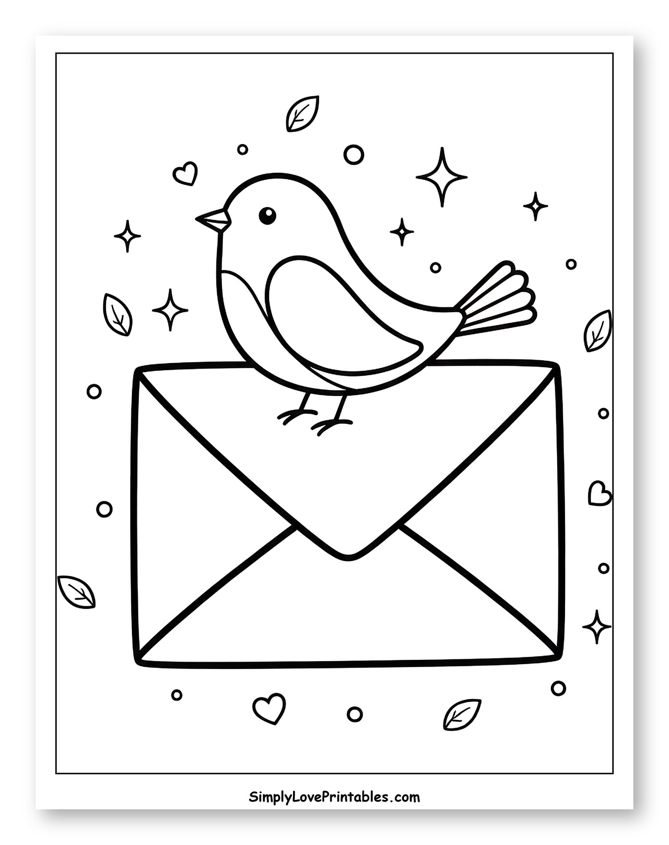 Cute Bird Sitting on an Envelope Coloring Sheet for Adults