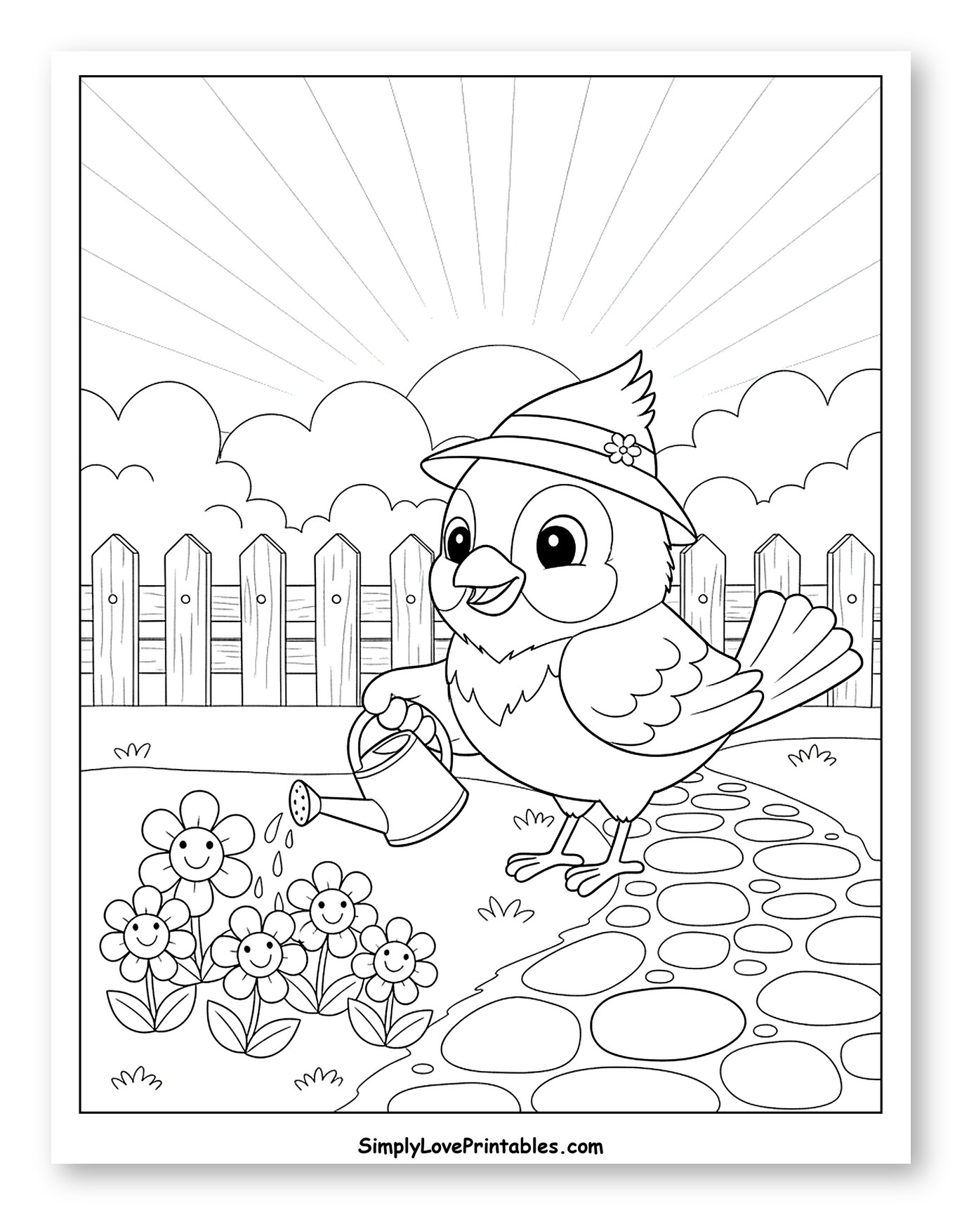Cute Bird Watering Smiling Flowers in Garden Coloring Sheet for Kids