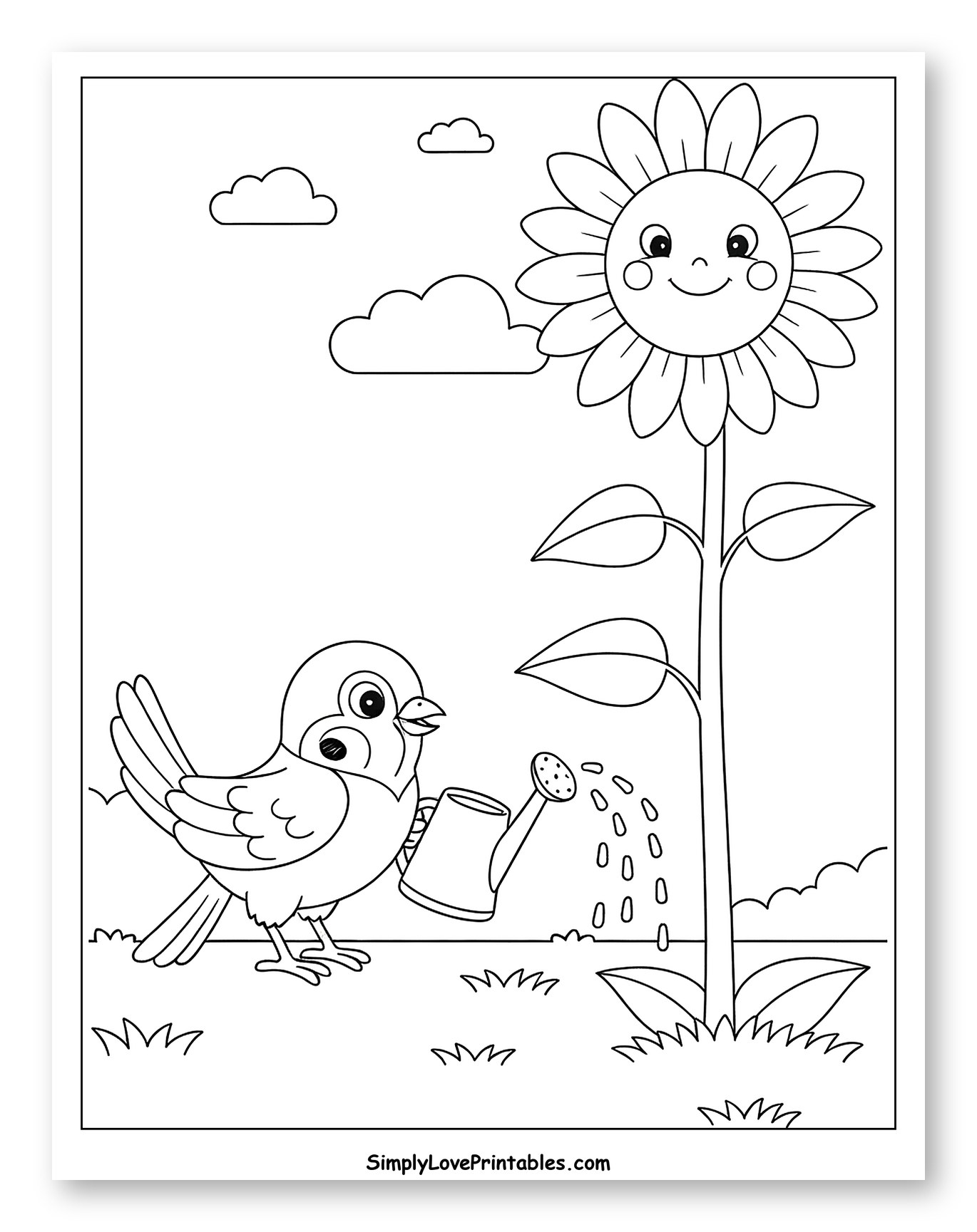 Cute Bird Watering Smiling Sunflower in Garden
