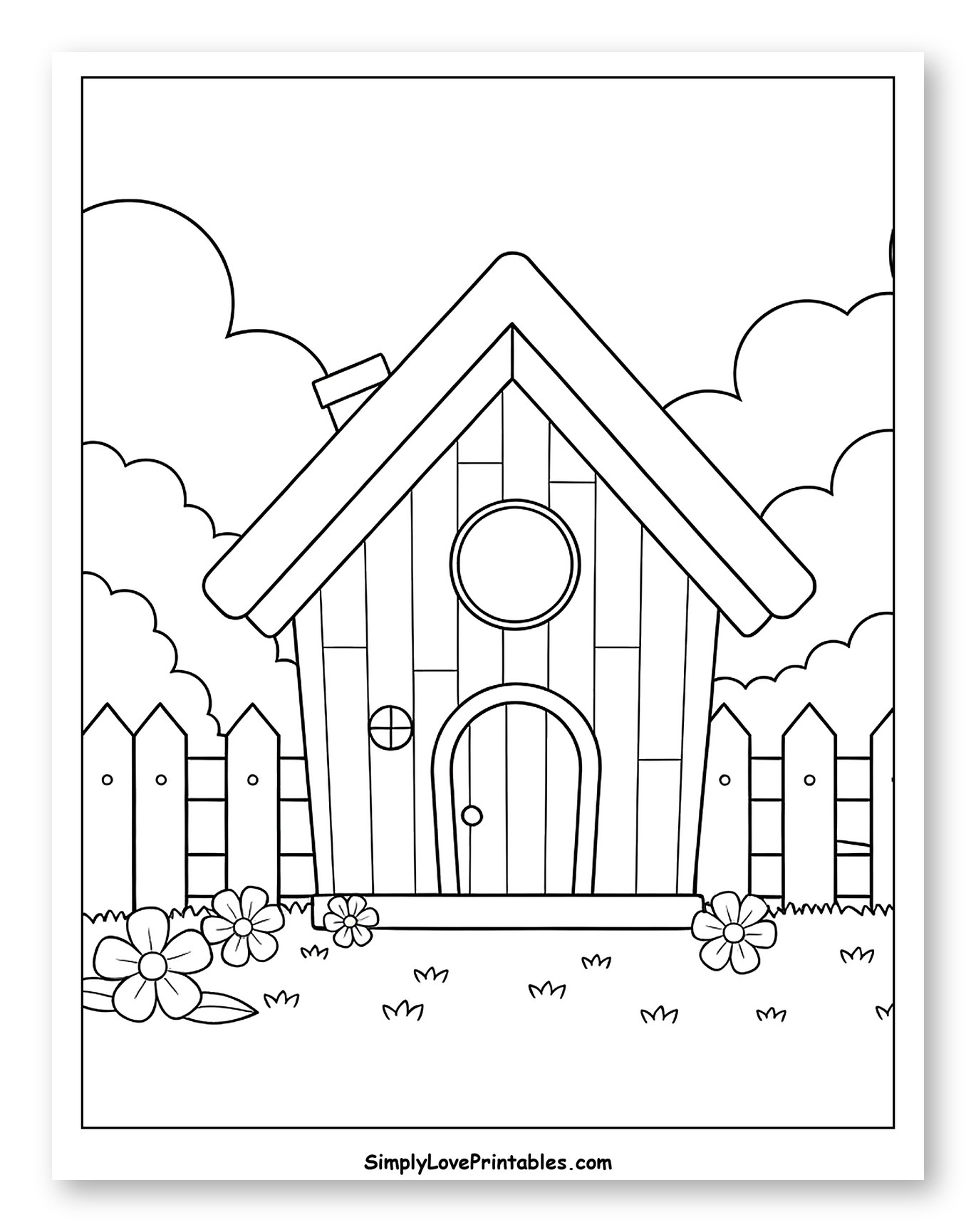 Cute Birdhouse with Picket Fence and Flowers Coloring Page for Kids