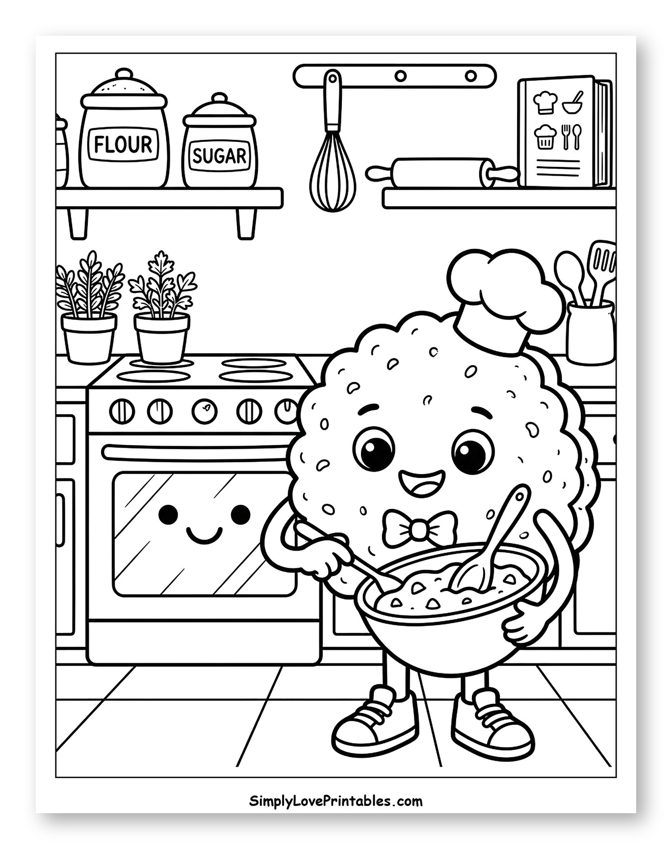 Cute Biscuit Character Baking in a Kitchen to Color for Kids