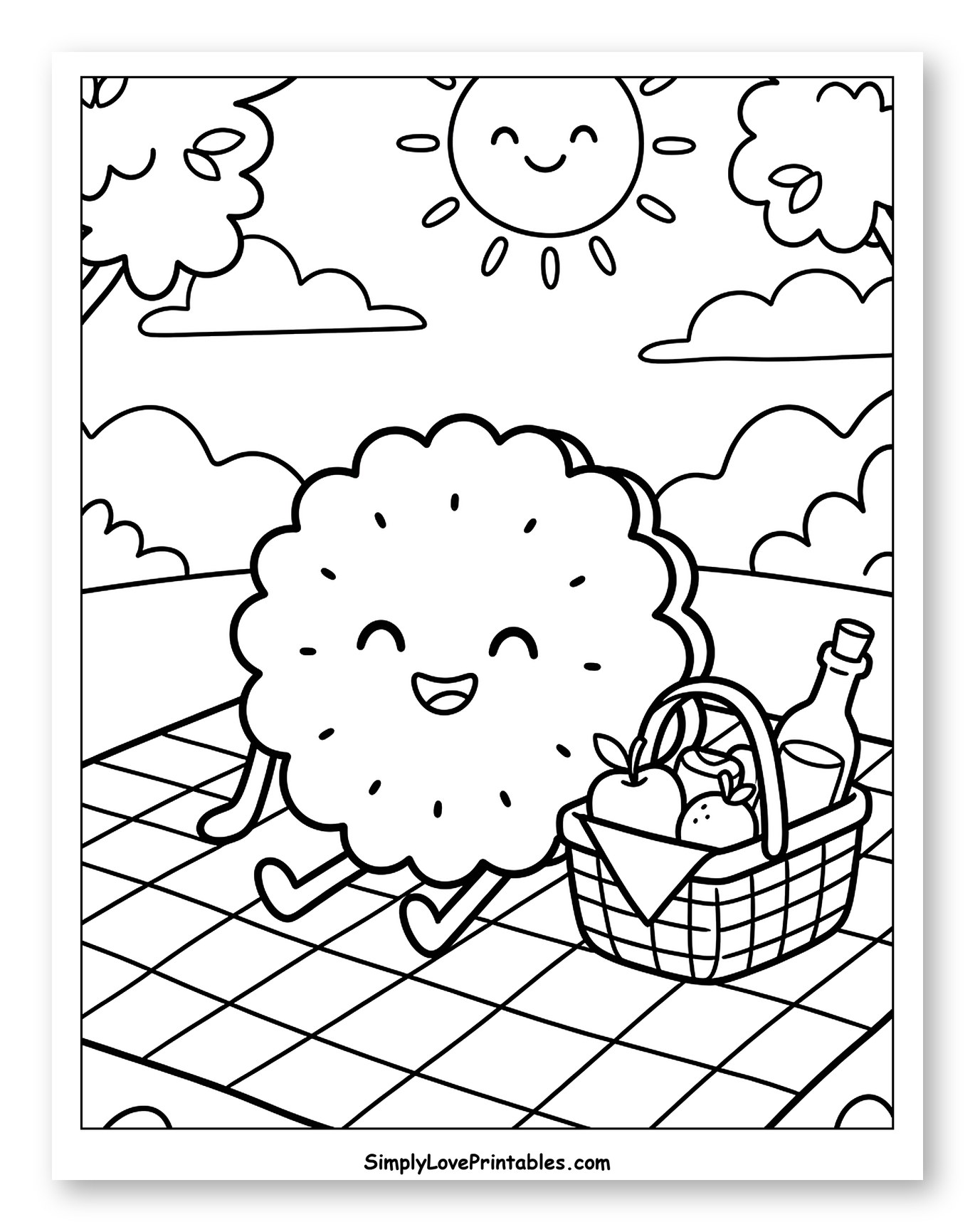 Cute Biscuit Picnic Under Sunny Sky Coloring Sheet for Kids