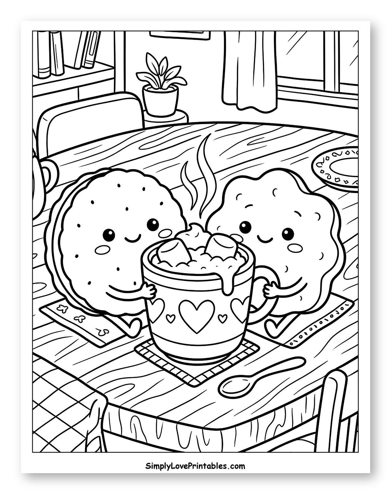 Cute Biscuits Sharing Hot Cocoa Coloring Page for Kids