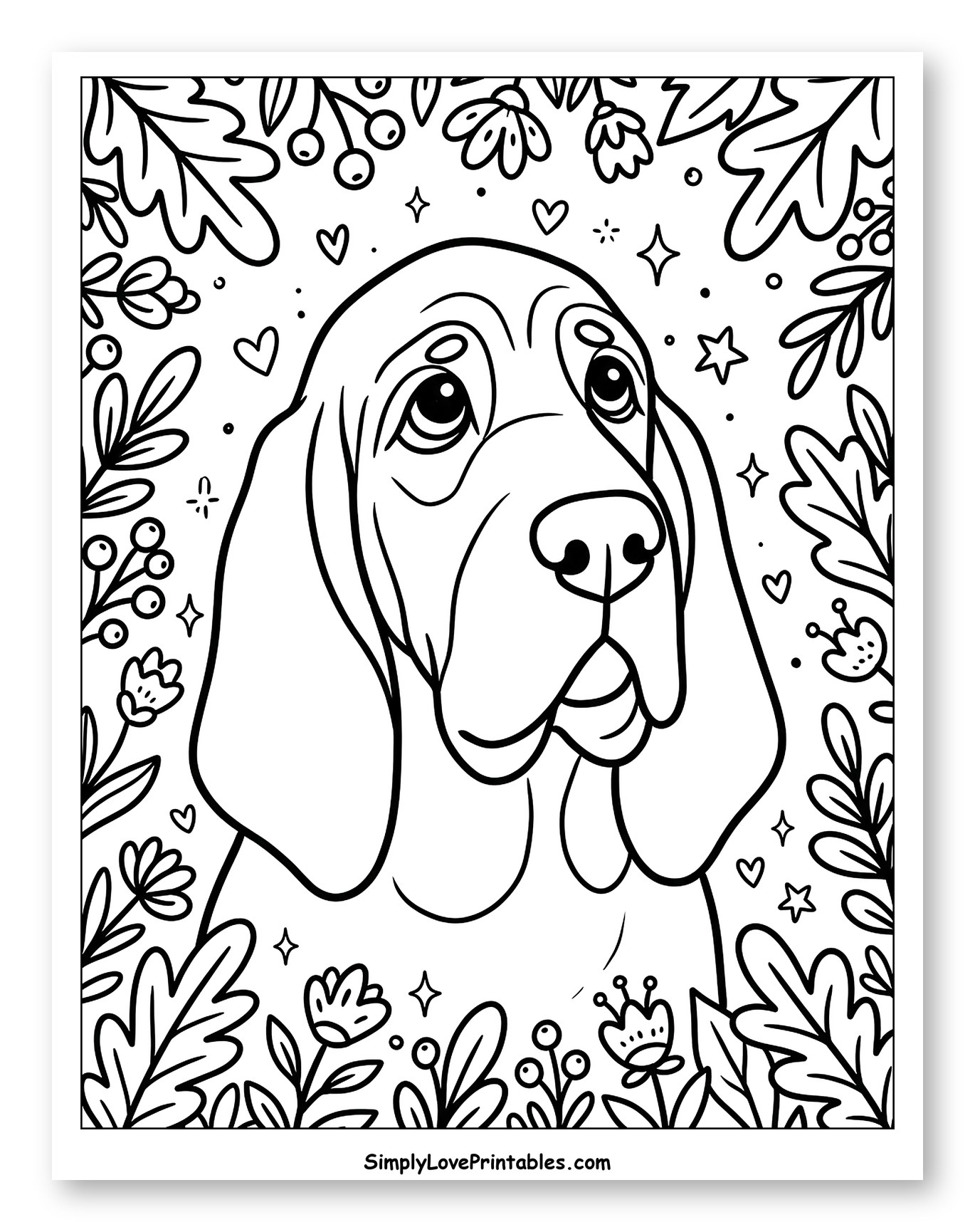 Cute Bloodhound Dog Surrounded by Nature Coloring Sheet for Adults