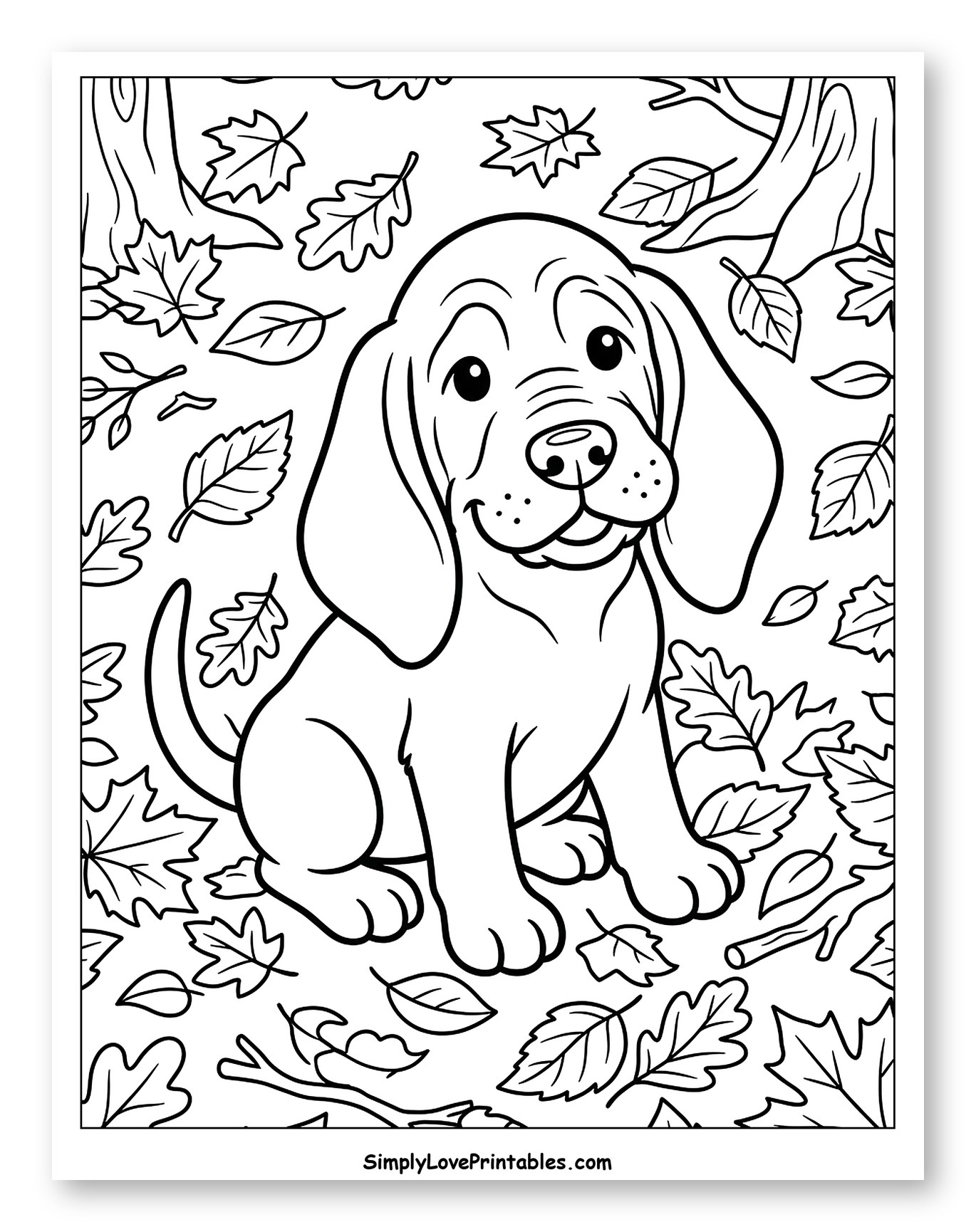 Cute Bloodhound Puppy in Autumn Leaves to Color for Kids