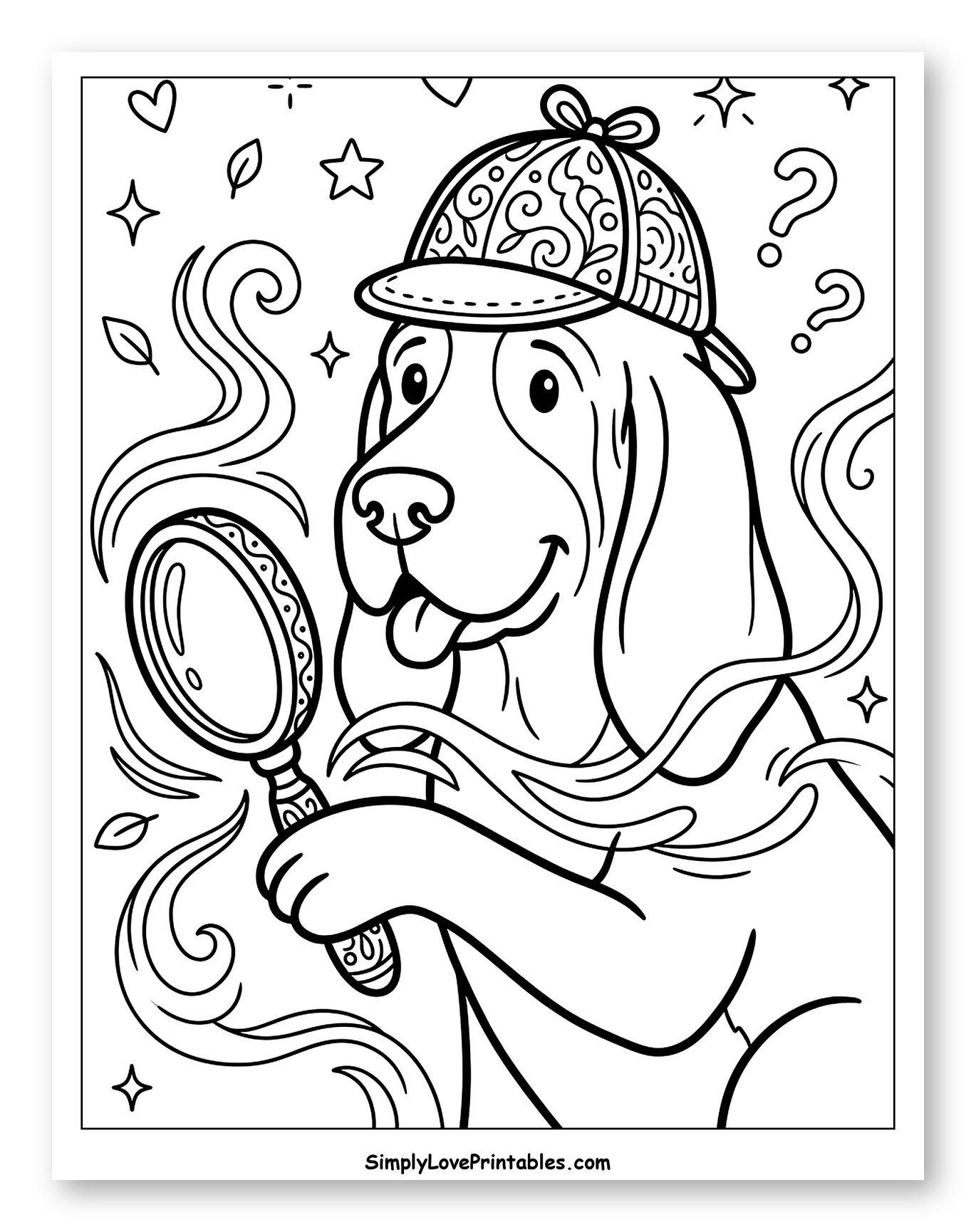 Cute Bloodhound Wearing Detective Hat and Magnifying Glass