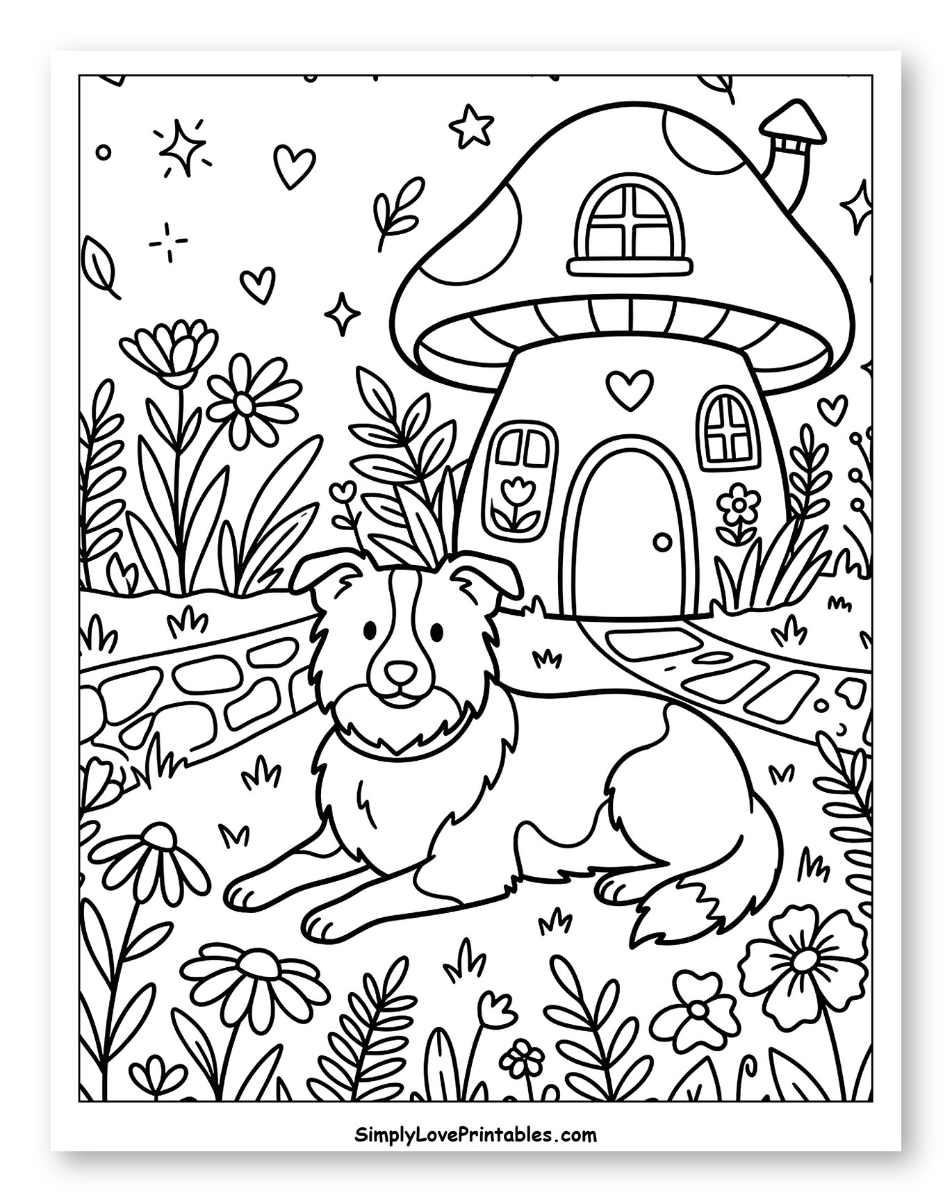 Cute Border Collie Resting by Mushroom House Coloring Sheet for Adults