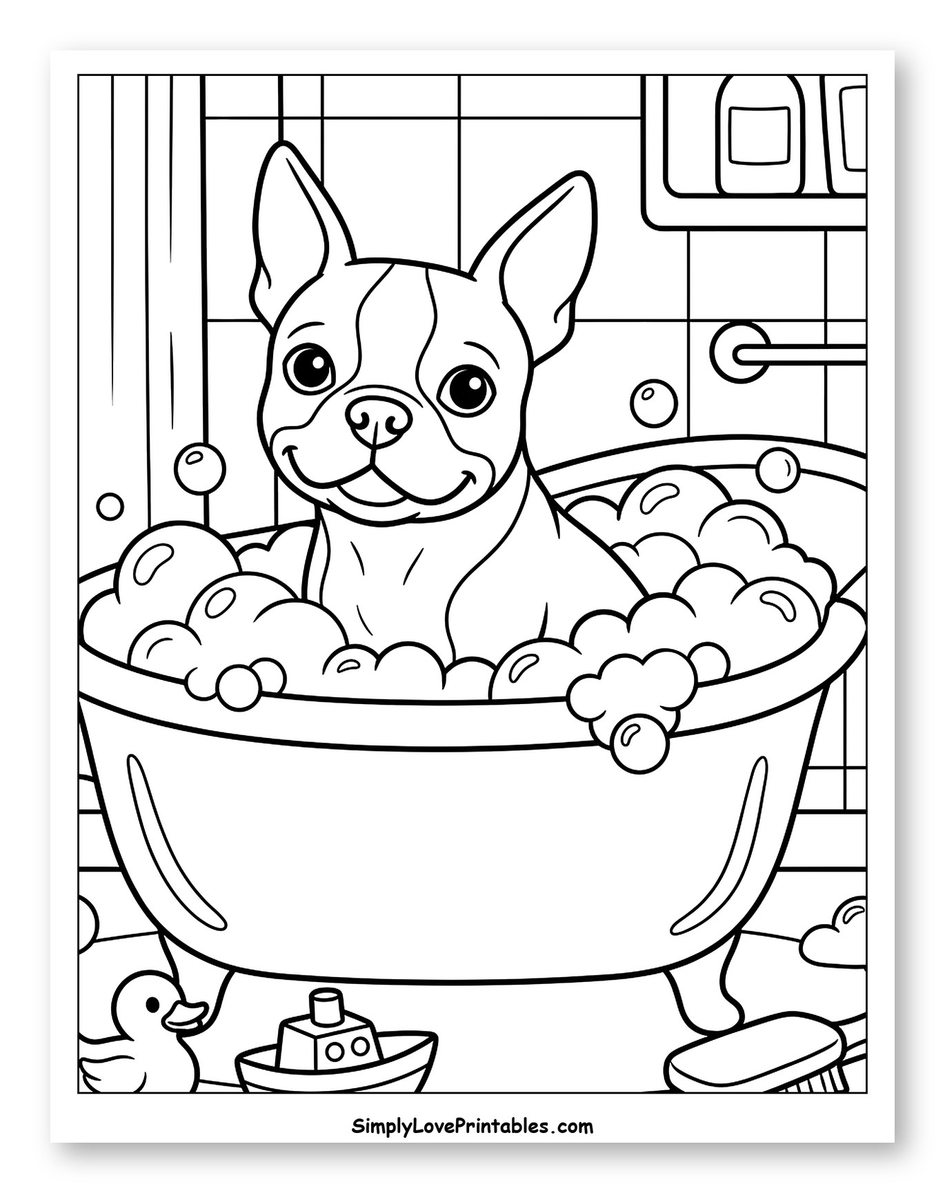 Cute Boston Terrier Dog in Bubble Bath Coloring Sheet for Kids